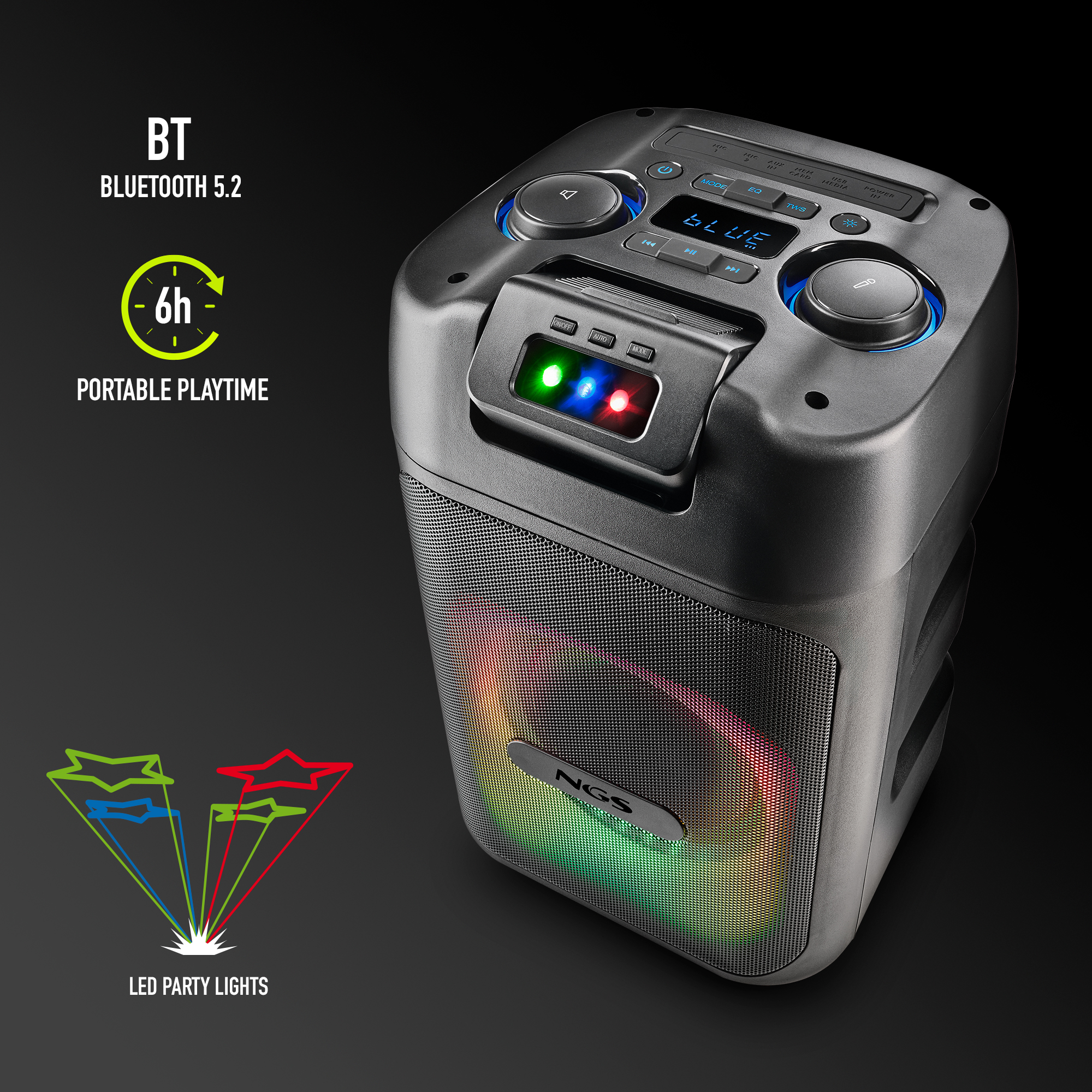 Altavoz negro con luces azules y una pantalla de luces roja y verde.