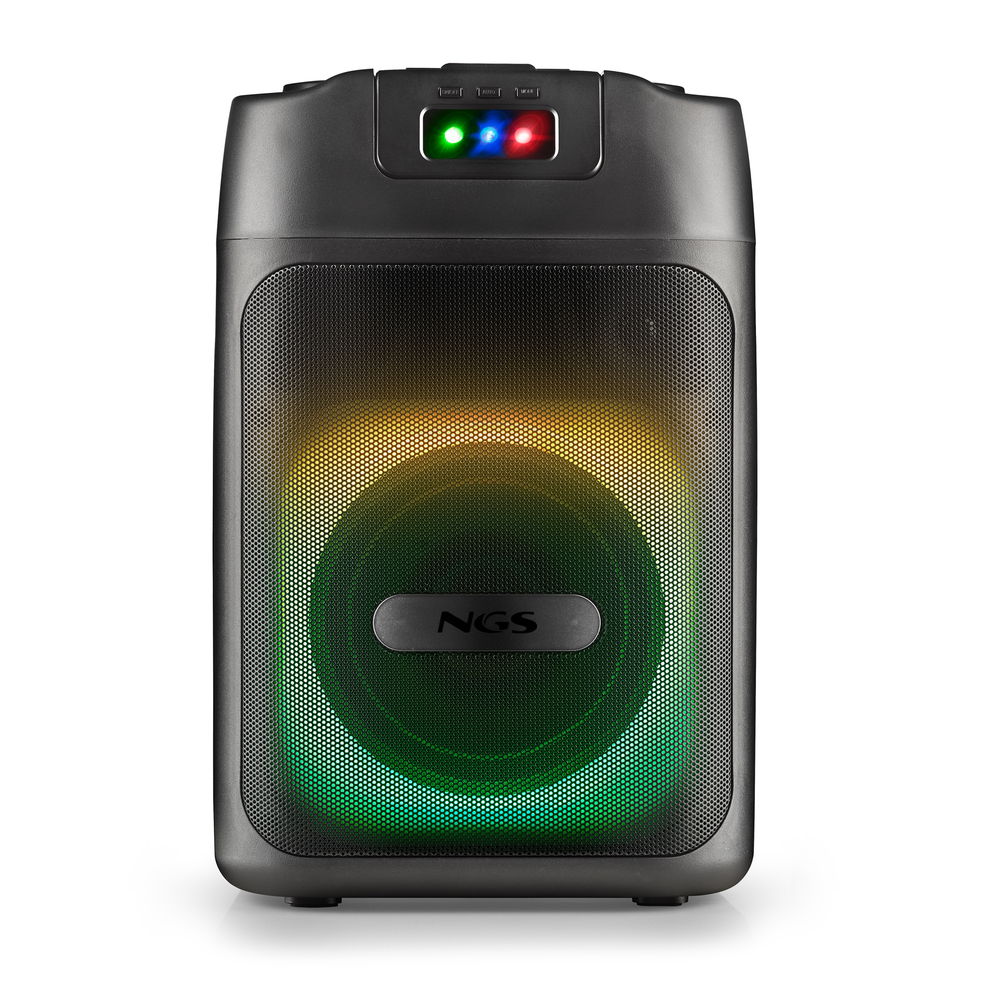 Altavoz negro con un círculo RGB brillante y una pantalla LED multicolor en la parte superior.