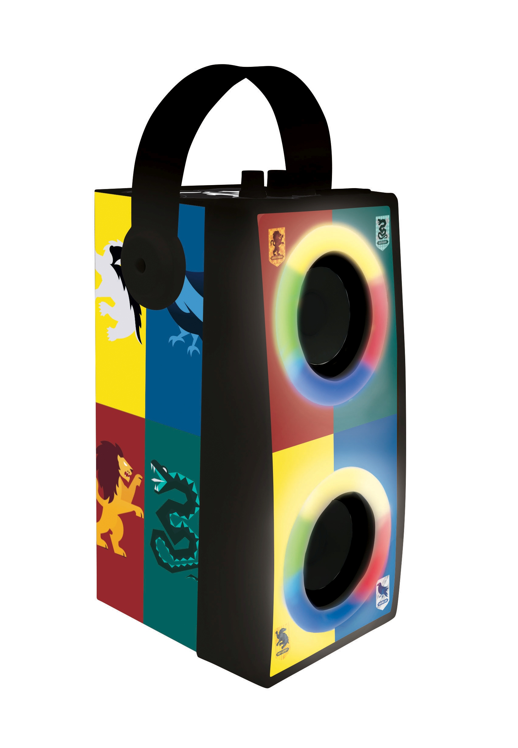 Altavoz negro y colorido con luces circulares y asa, decorado con temas de Harry Potter.
