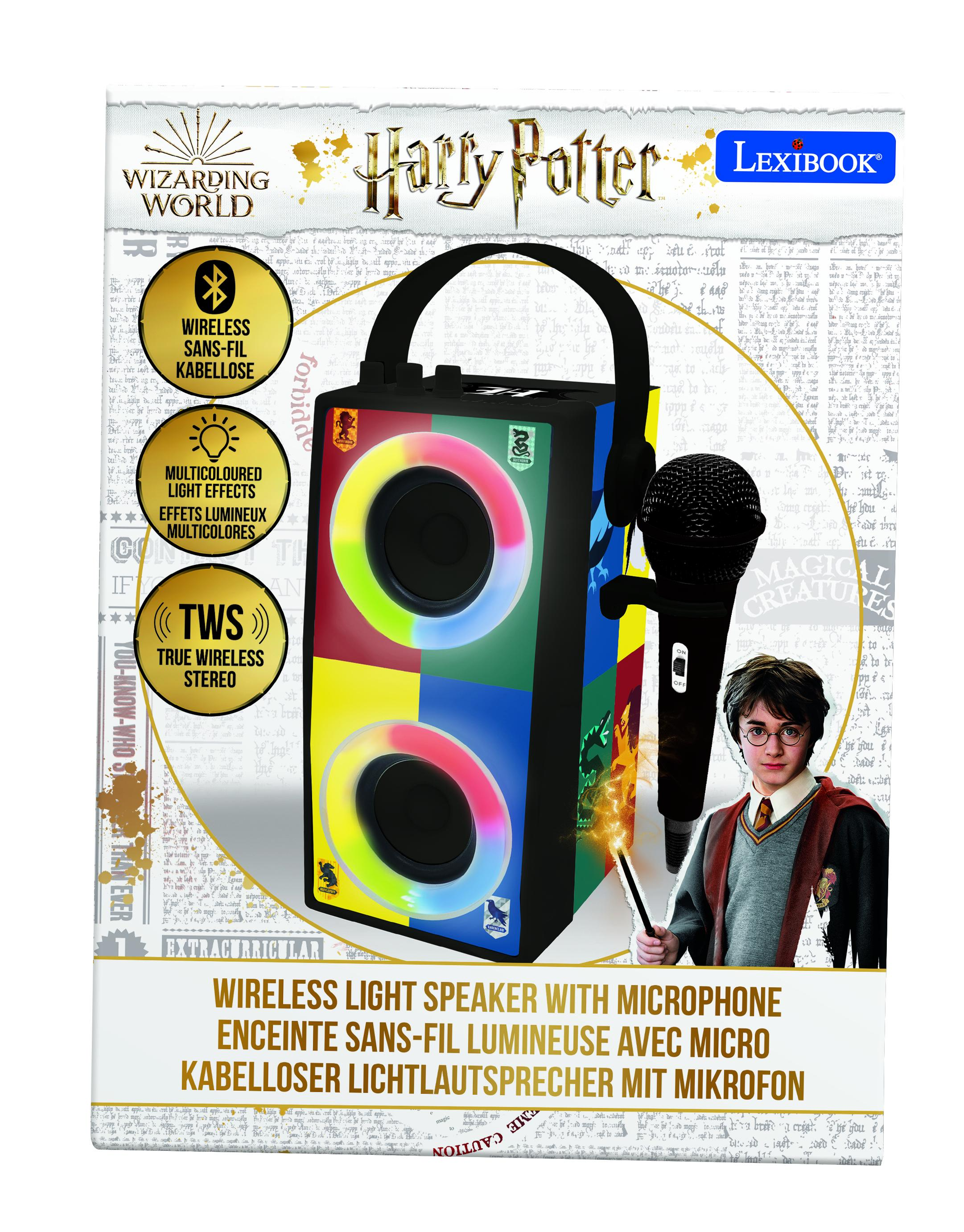 Un altavoz temático de Harry Potter con un micrófono y una imagen de Harry.