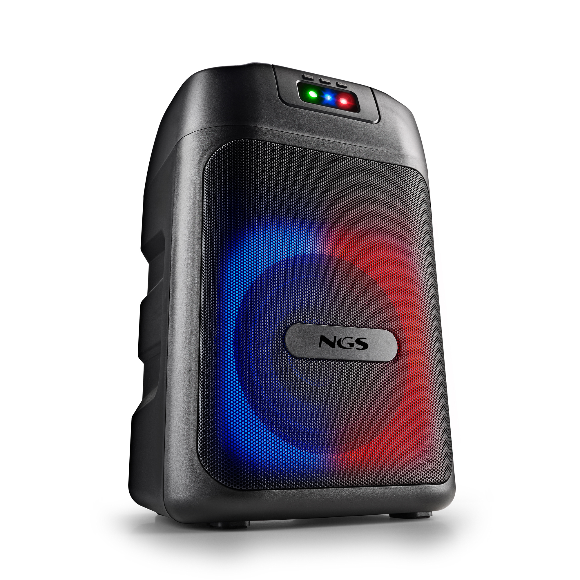 Altavoz negro con una parte frontal de malla. Tiene luces rojas, verdes y azules, y el logotipo NGS.