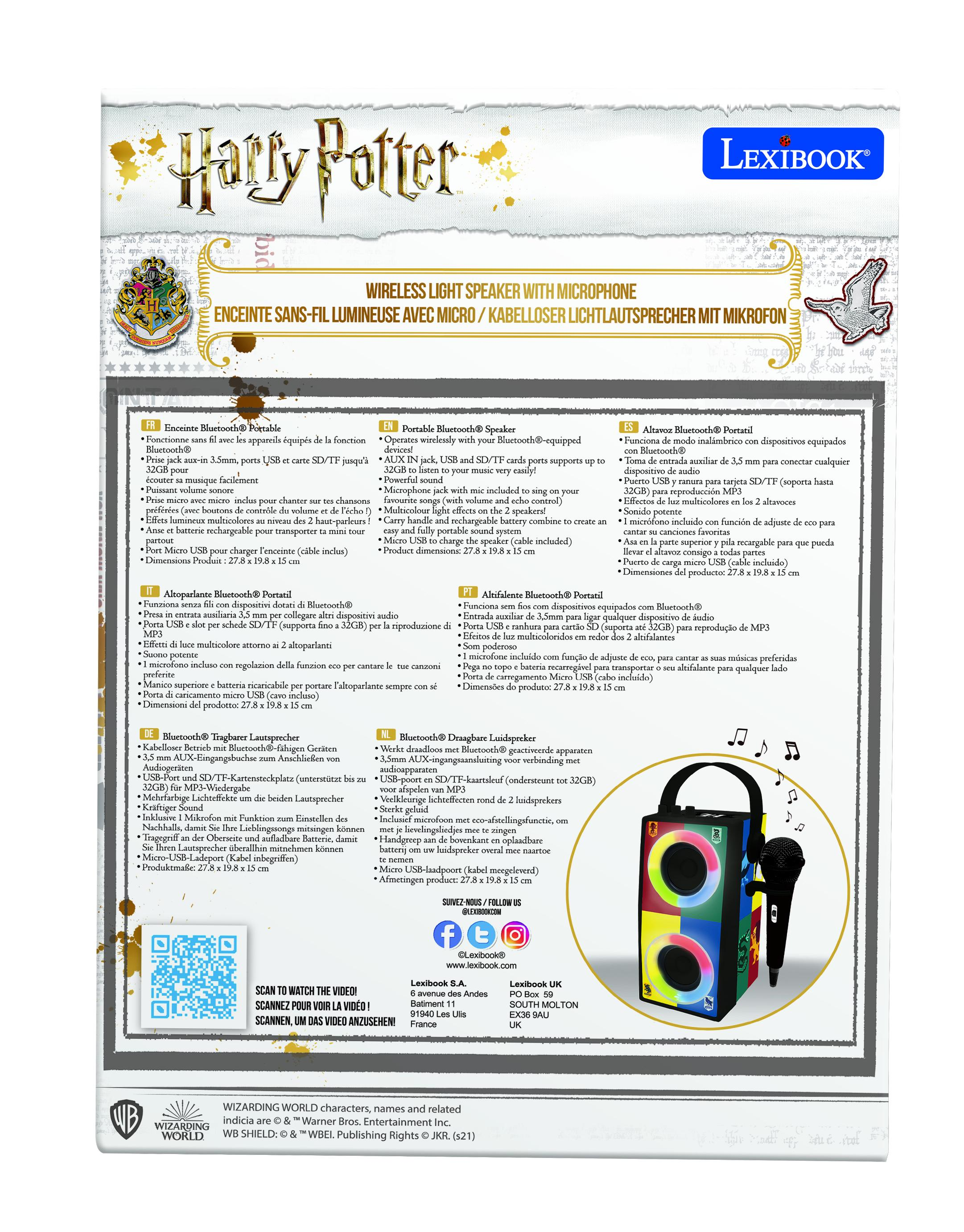 Caja de altavoz temático de Harry Potter con micrófono. Texto en varios idiomas.
