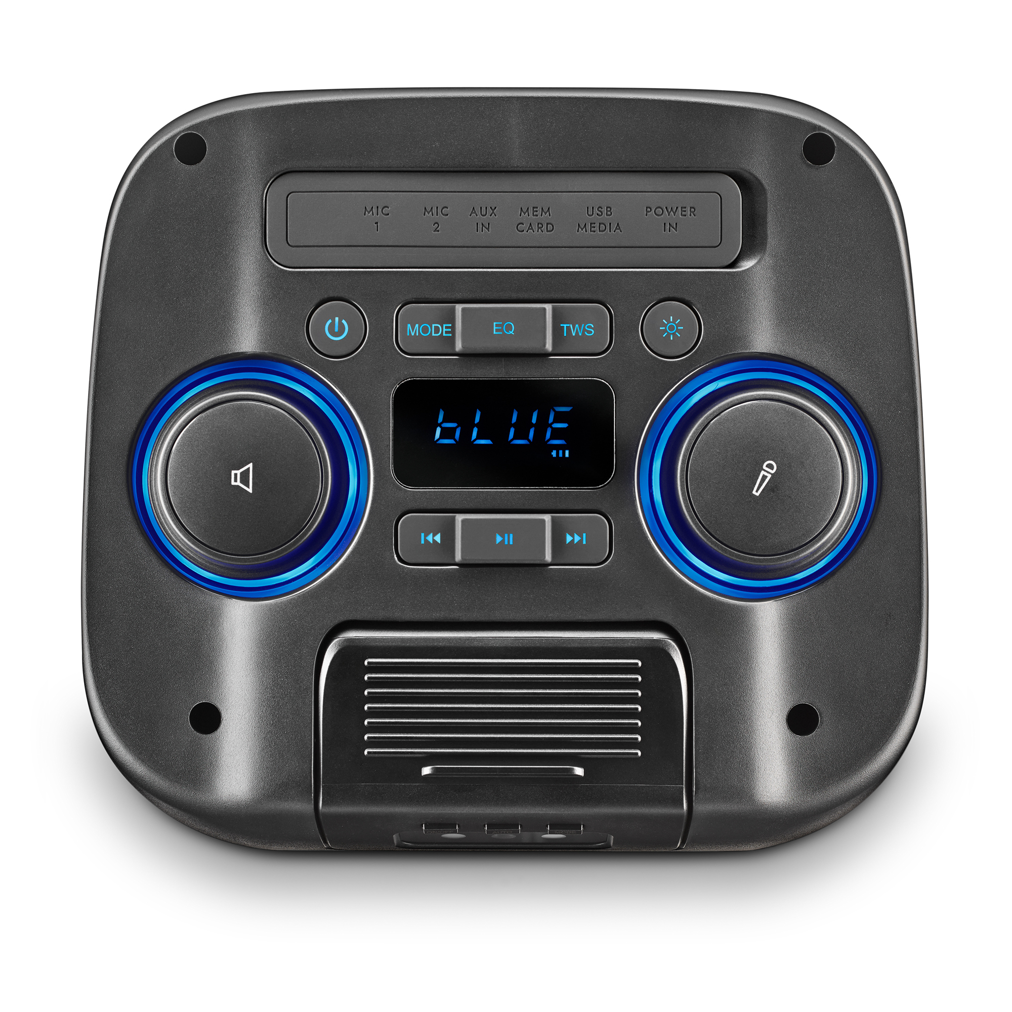 Vista superior de un dispositivo gris oscuro con botones de encendido, modo, EQ, TWS y control de volumen.