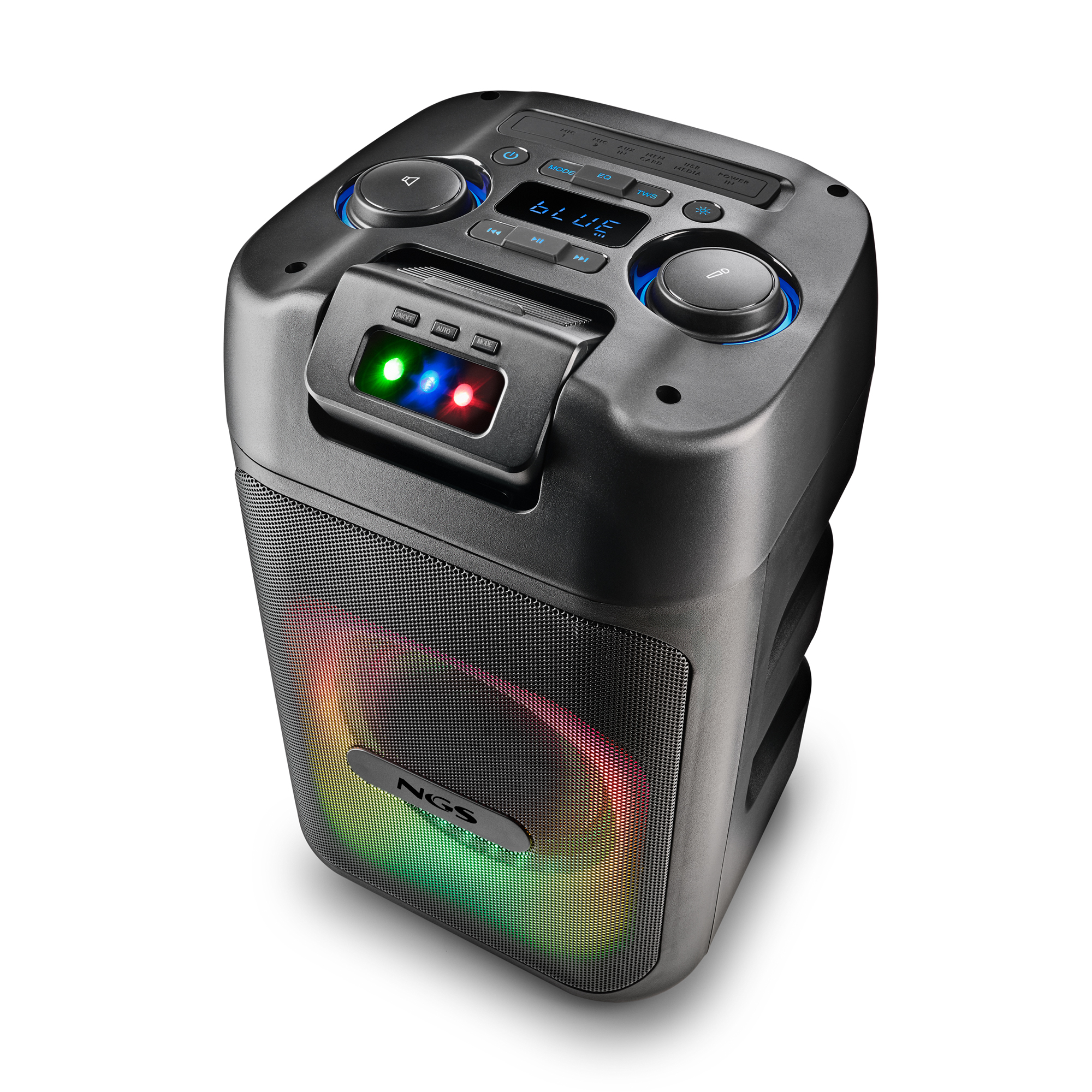 Altavoz negro con luces multicolores brillantes y botones en la parte superior.