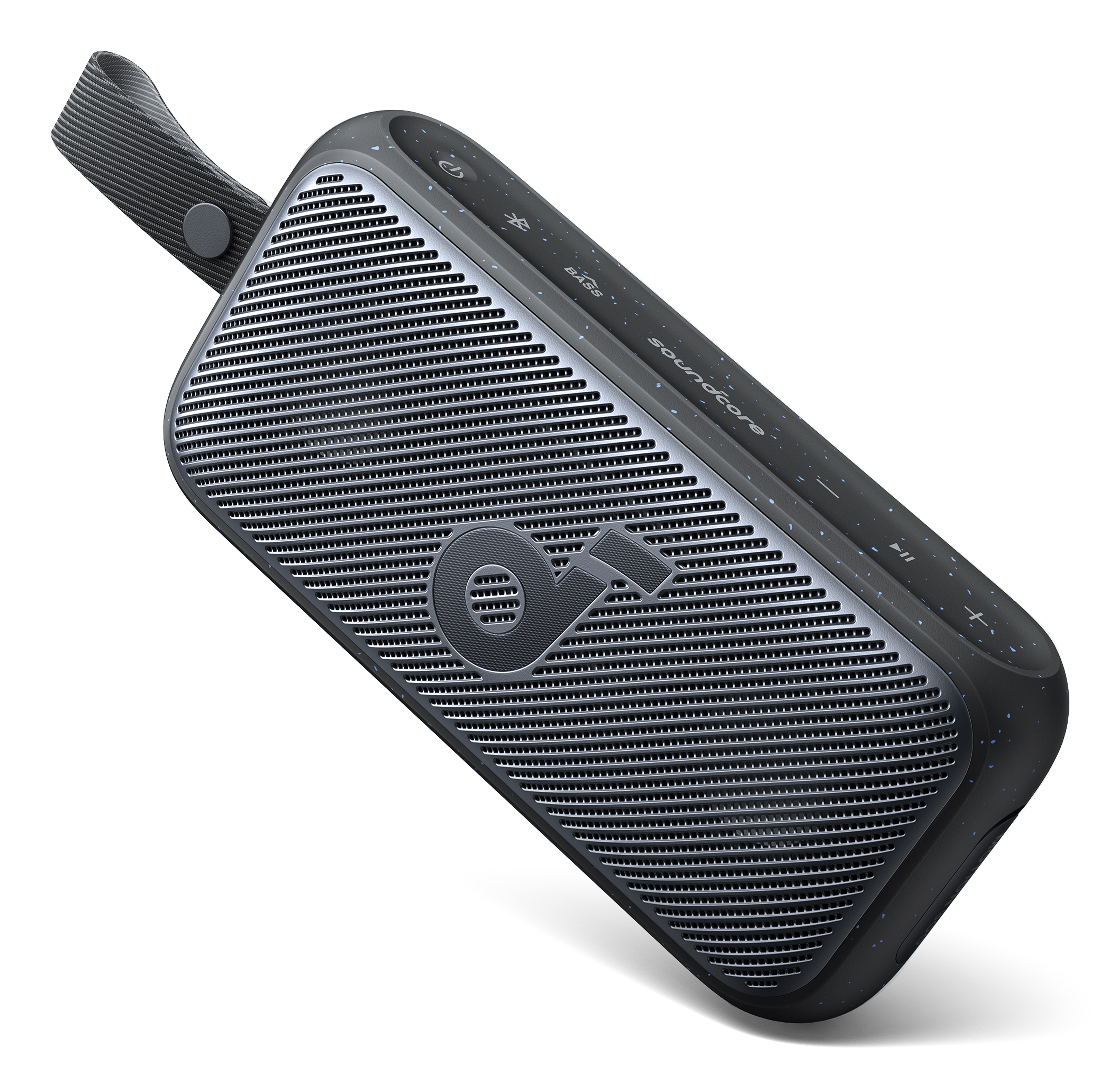 Czarny głośnik z ciemnoszarą siatką z przodu i szarym paskiem.