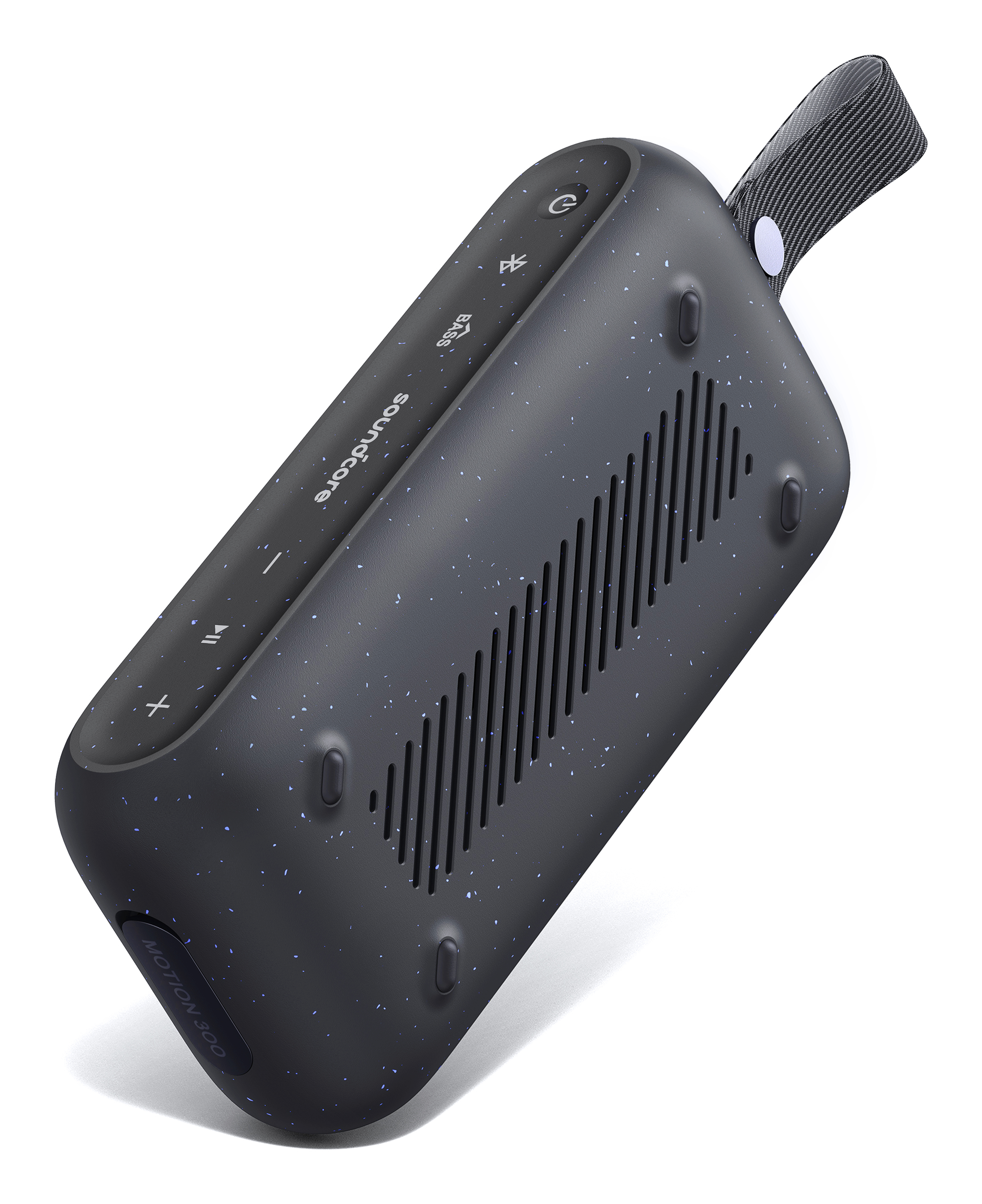 Czarny głośnik Soundcore z uchwytem i białymi plamkami. Widoczne przyciski i porty.