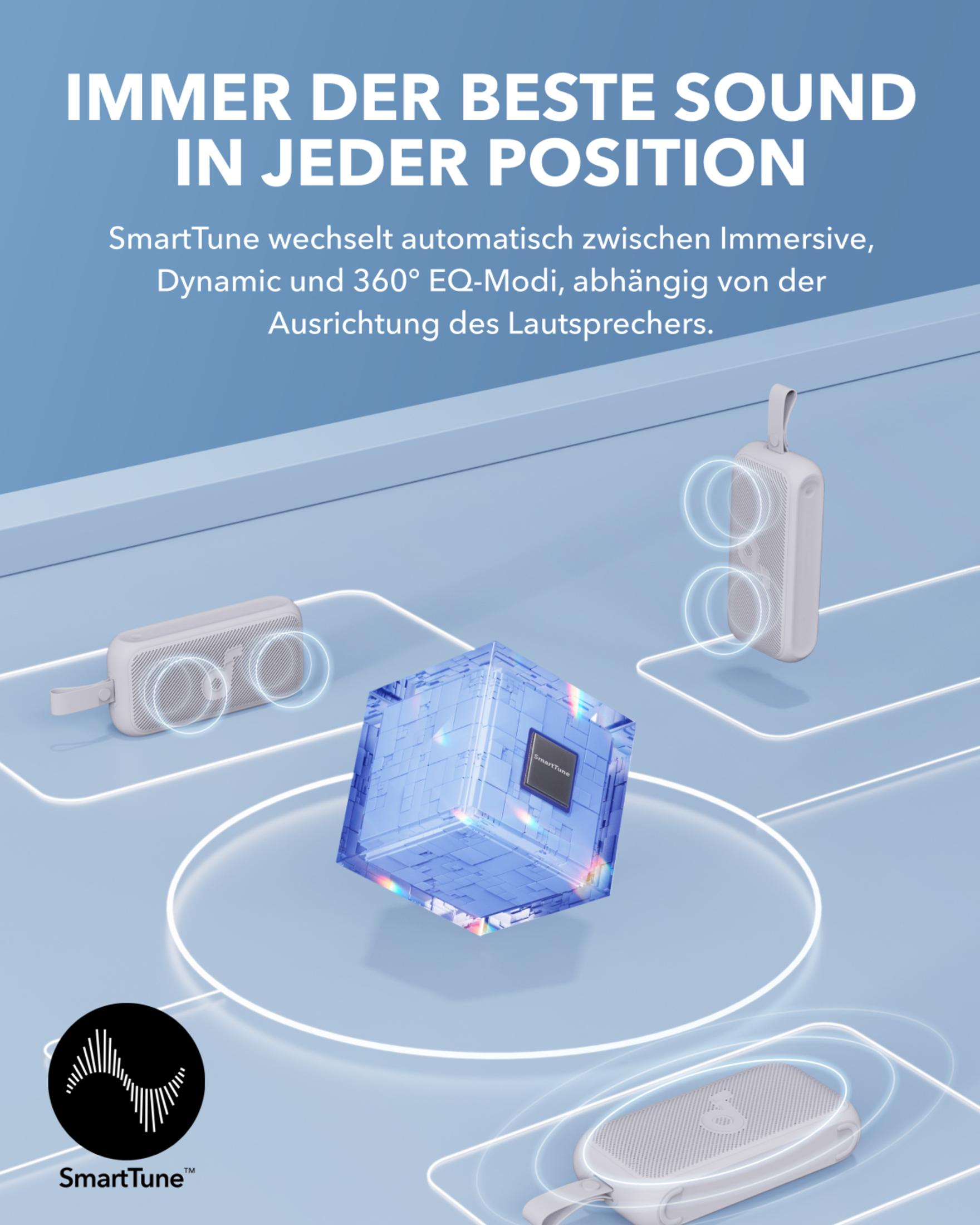 Białe i jasnoszare głośniki z tekstem: Immer Der Beste Sound.