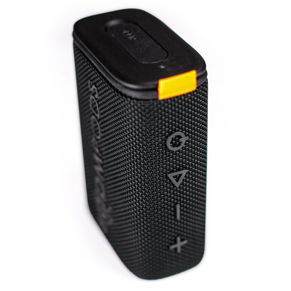 Czarny, prostokątny głośnik z przyciskami głośności i żółtym akcentem, białe tło.