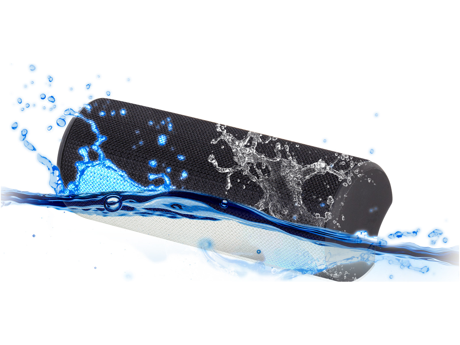 Czarny głośnik z rozpryskami wody, niebieskie akcenty na białym tle.