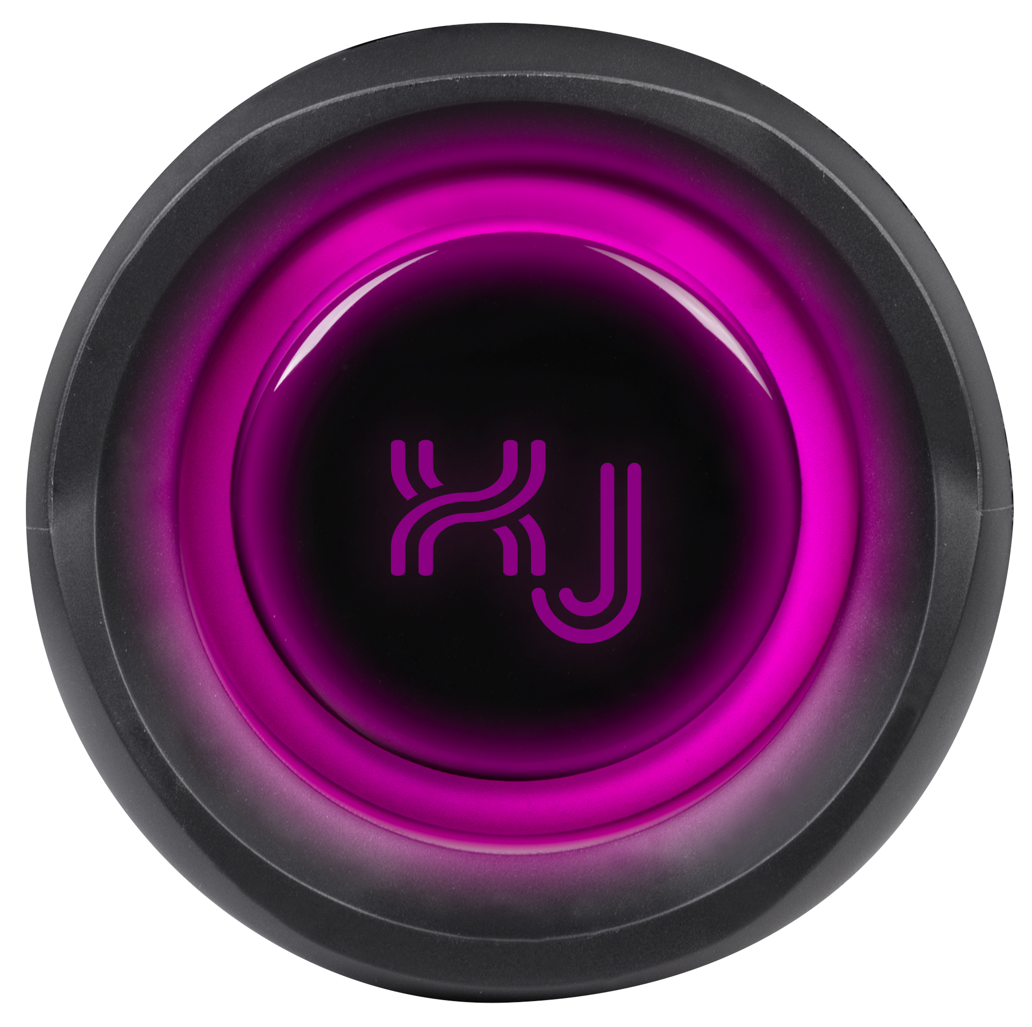 Czarny okrągły przycisk z różowym pierścieniem i fioletowym logo.