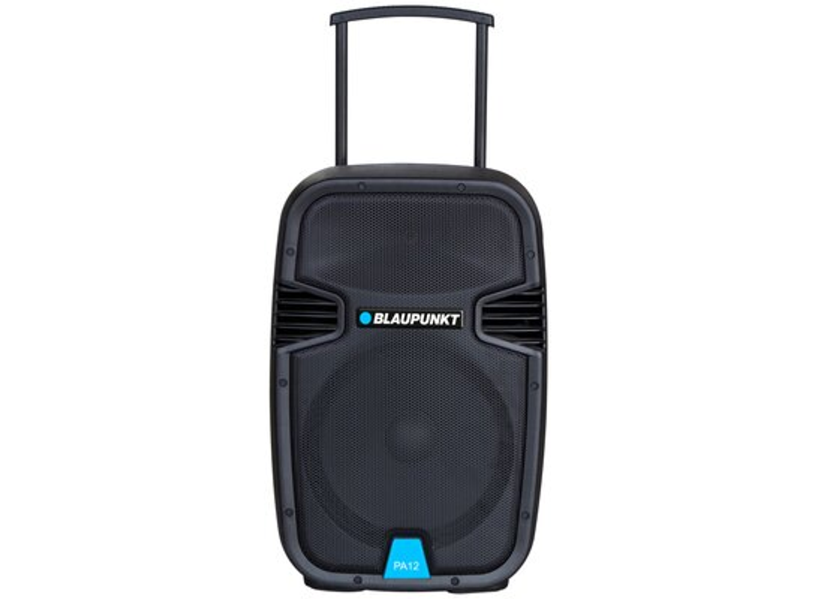 Altoparlante nero con maniglia e ruote, etichettato Blaupunkt. Ha una copertura in mesh.