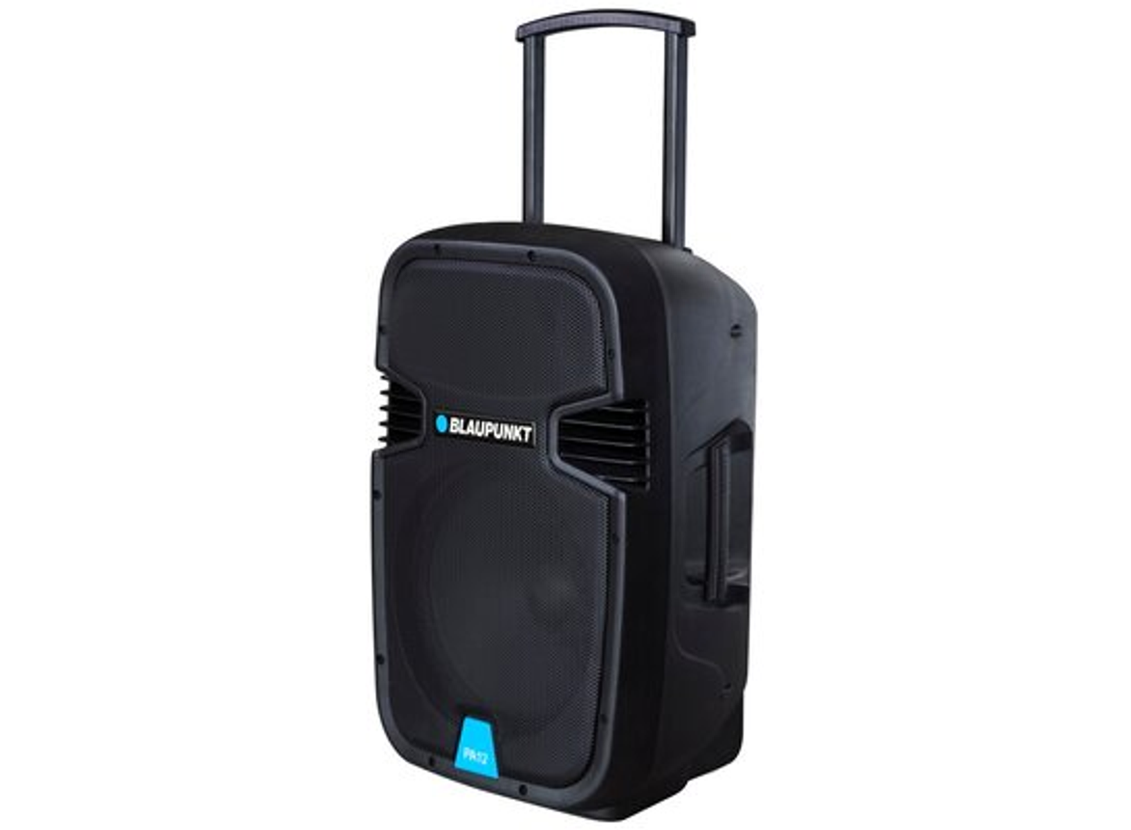 Altoparlante nero con maniglia e logo Blaupunkt. È un design grande e squadrato.