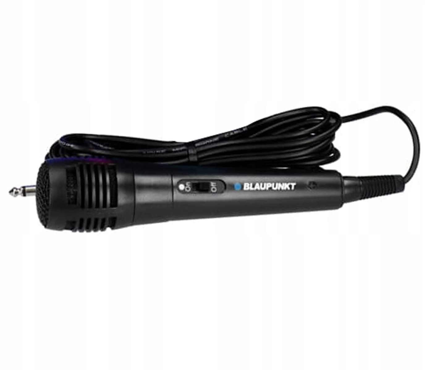 Un microfono Blaupunkt nero con un interruttore on/off e un cavo.