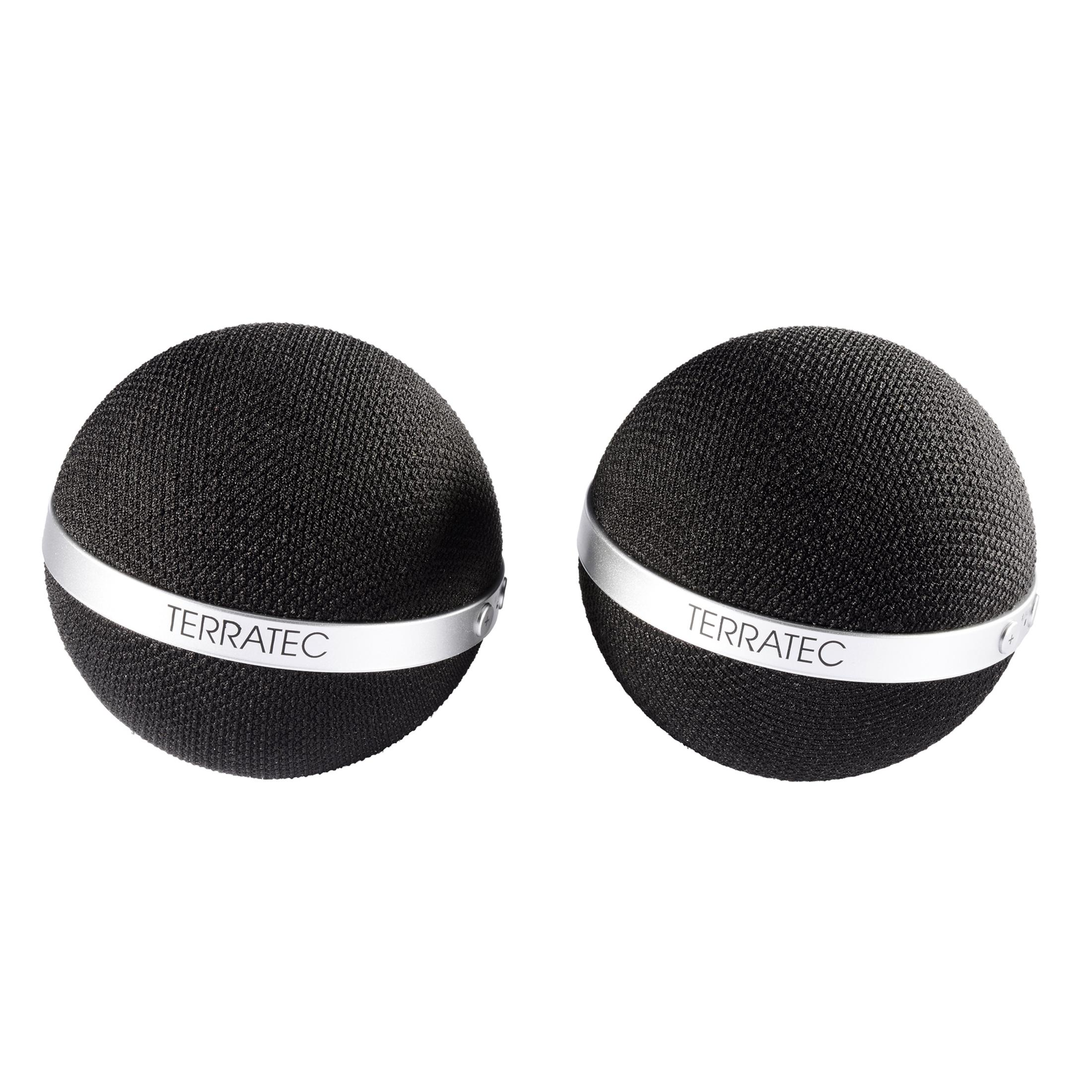 Dwa czarne głośniki ze srebrnymi paskami i napisem 'TERRATEC'.