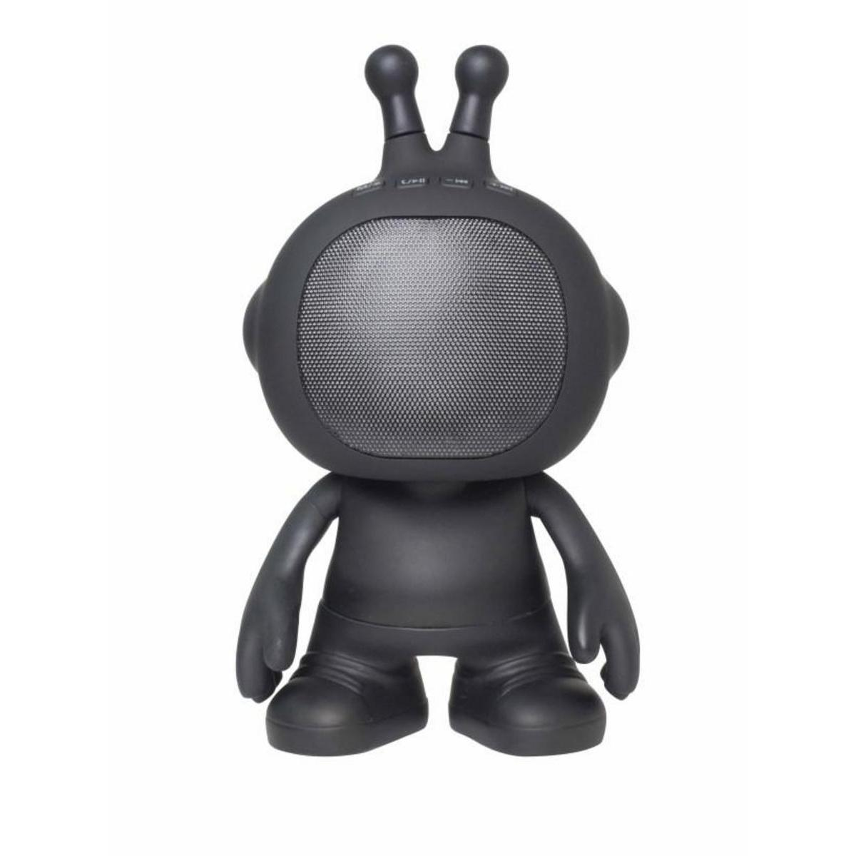 Altoparlante nero a forma di cartone animato con antenne. Sfondo bianco.