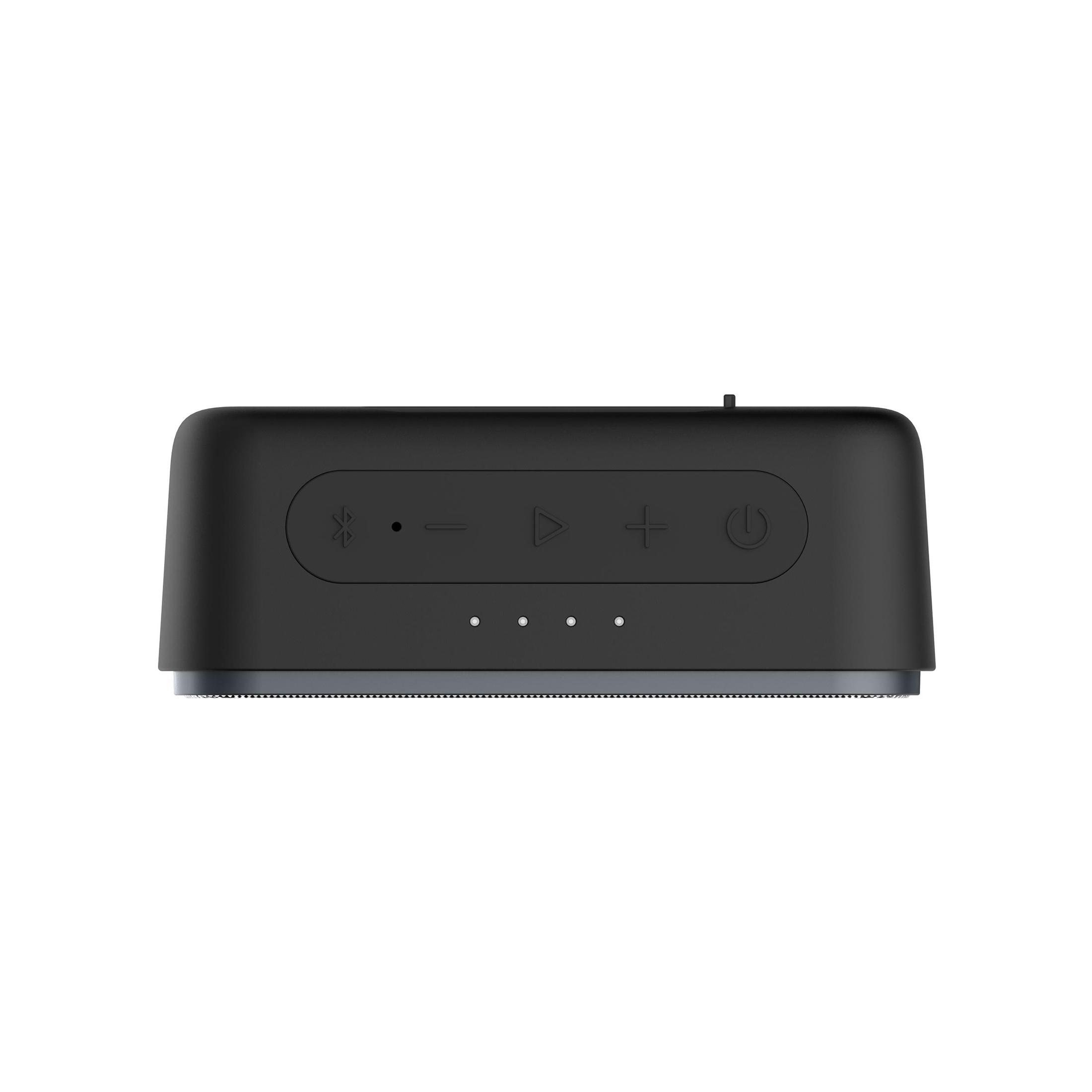Ses seviyesi, oynat/duraklat ve güç düğmeleri olan siyah hoparlör. Bir Bluetooth sembolü vardır.