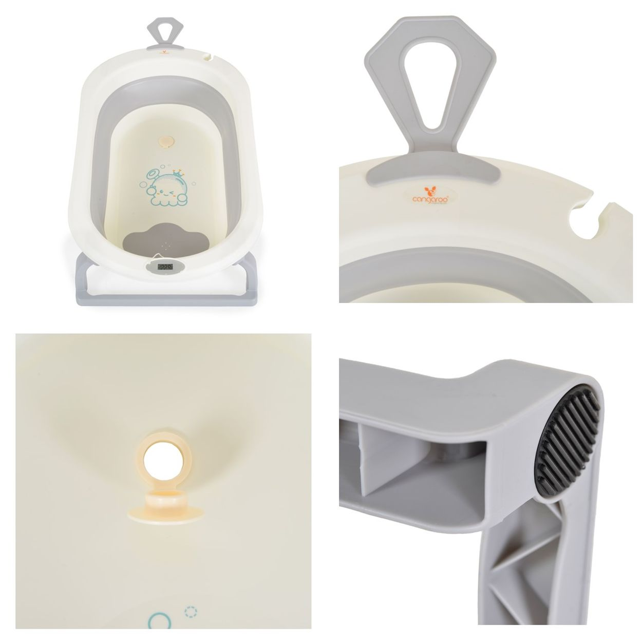 Collage einer Babybadewanne mit Details des Griffs, des Inneren der Wanne und des Ablaufs.