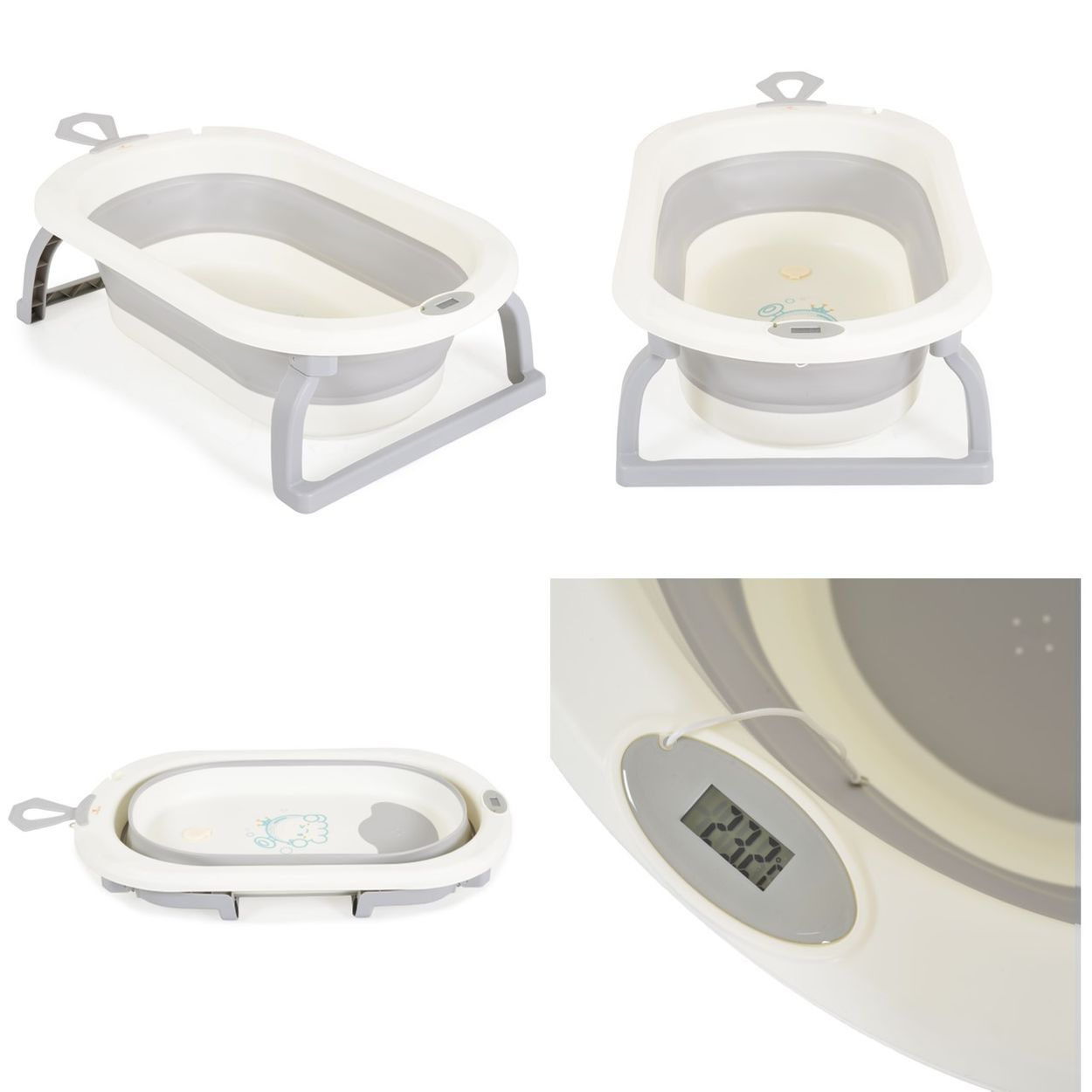Collage einer zusammenklappbaren Babybadewanne, weiß und grau, mit Digitalthermometer.
