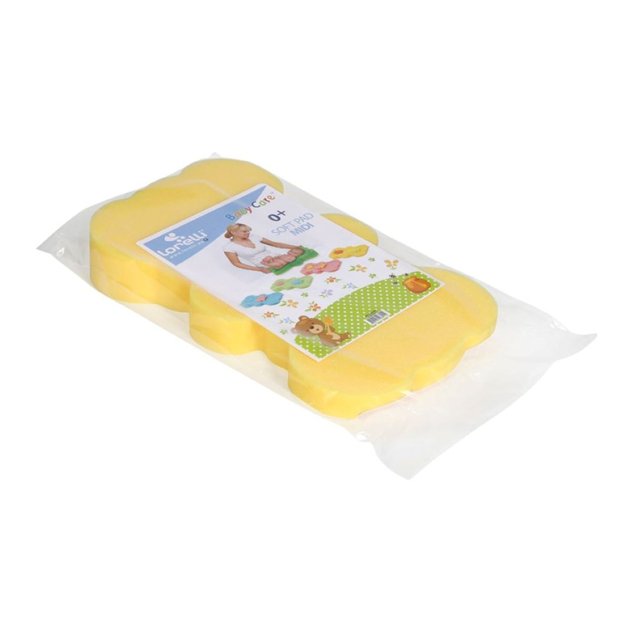 Gelbe Baby-Badematte in Plastiktüte. Produktetikett ist sichtbar.