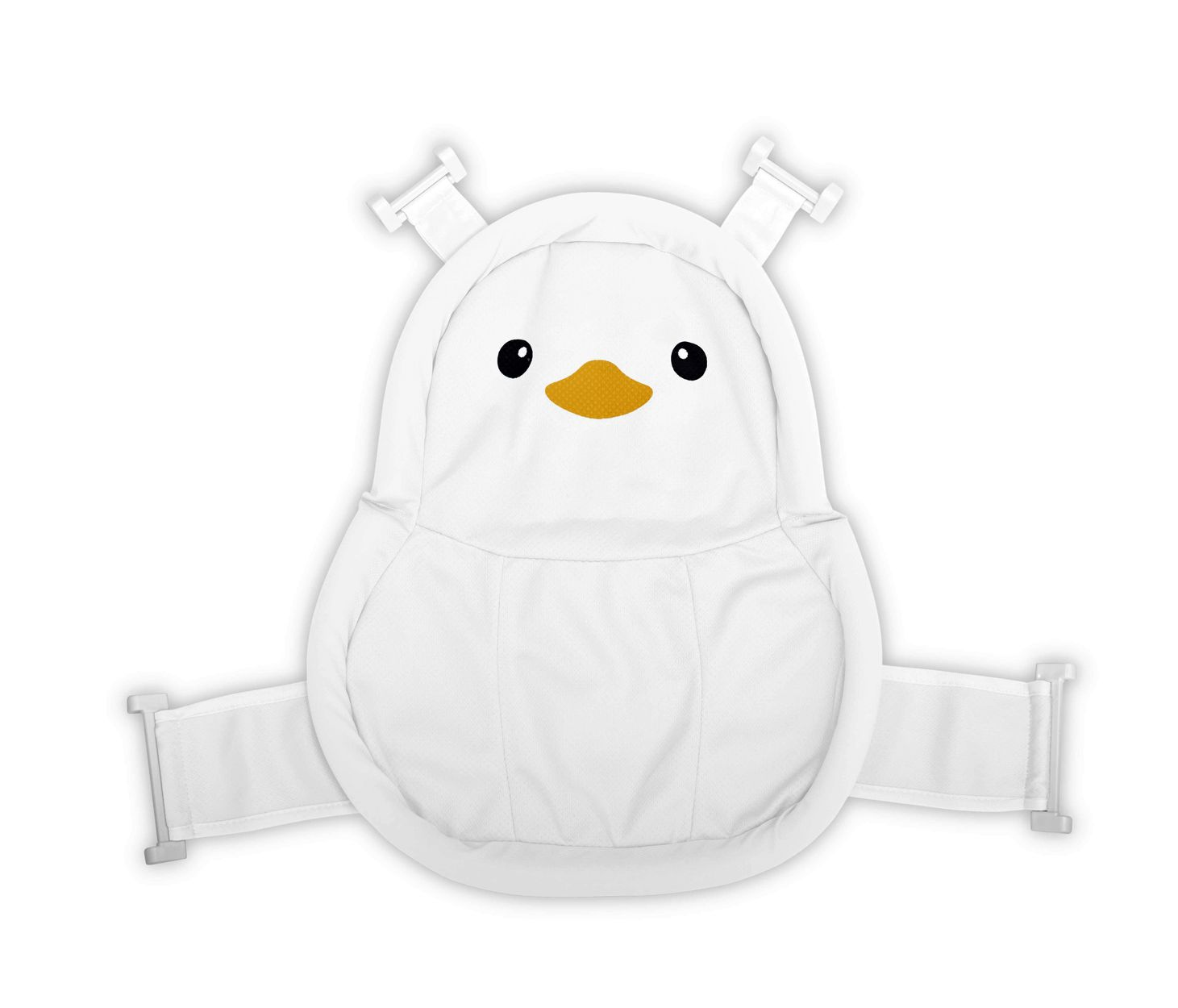 Weißer Babyträger mit Entenmotiv. Die Ente hat einen gelben Schnabel und schwarze Augen.
