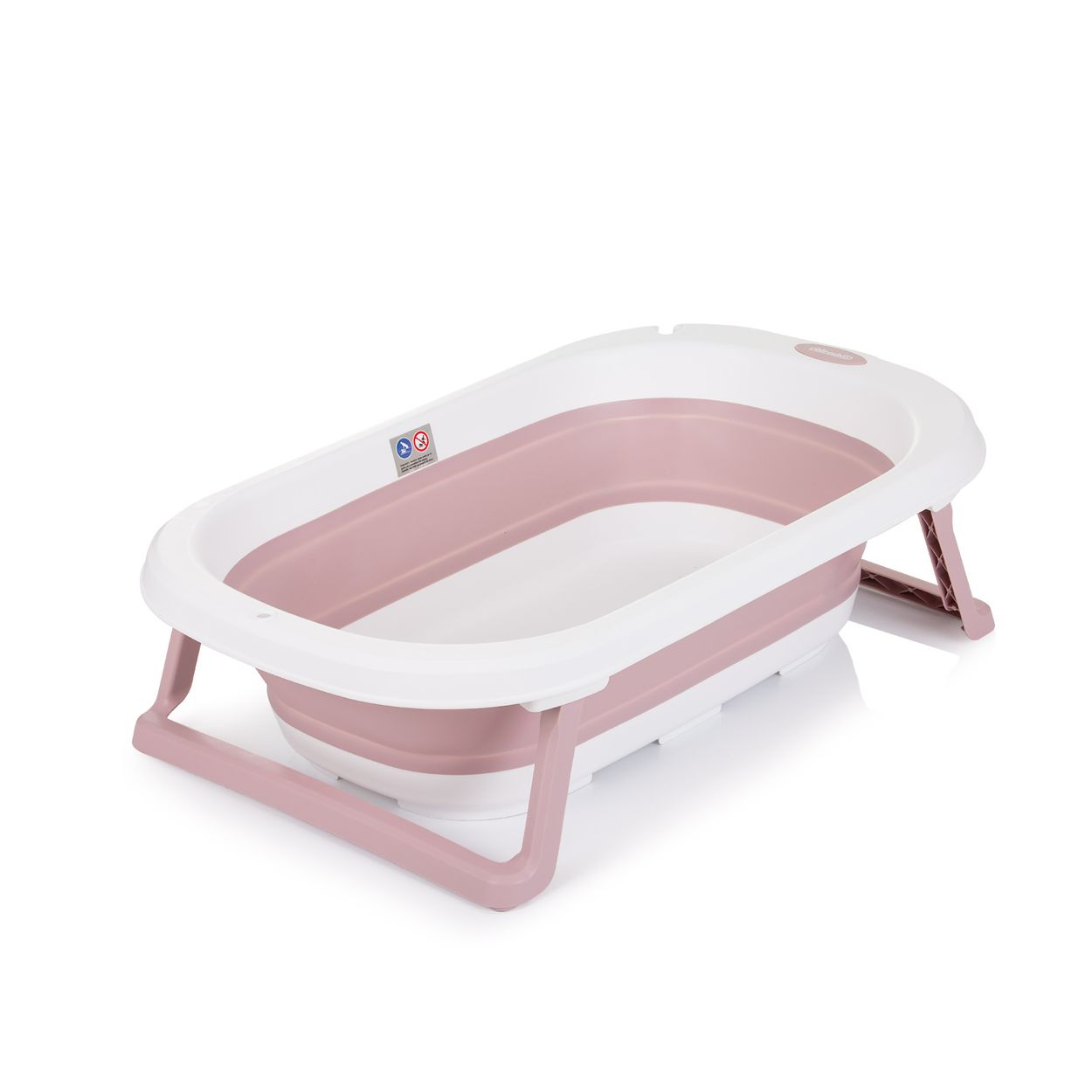 Eine weiß-rosa Babybadewanne. Die Wanne ist gefaltet. Sie ist auf weißem Hintergrund.