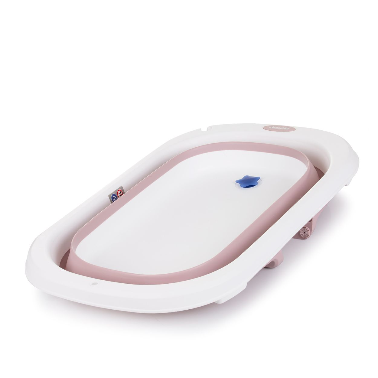 Eine weiß-rosa faltbare Babybadewanne, geöffnet und einsatzbereit.
