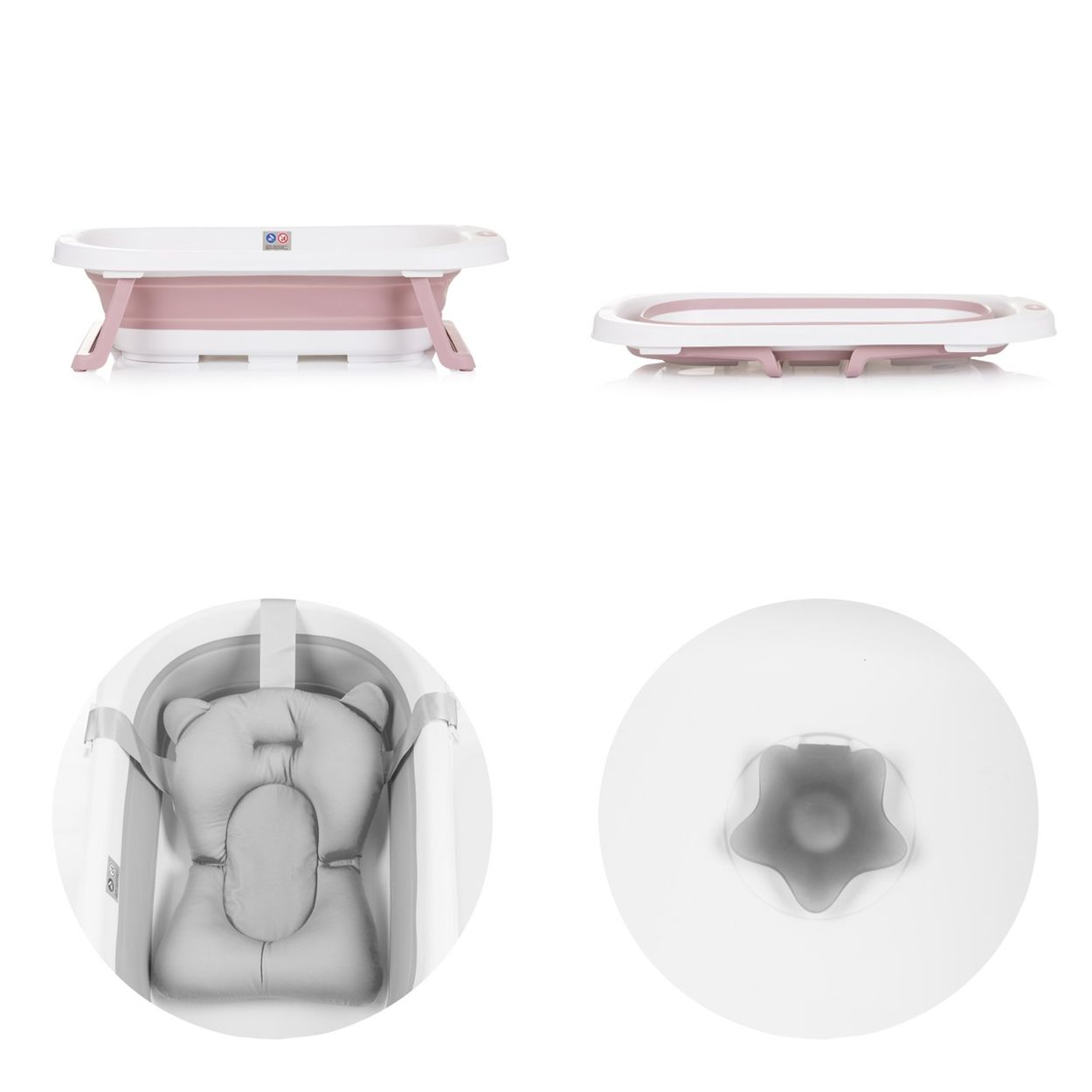 Zusammenklappbare Babybadewanne. Rosa und weiße Farben. Vier Ansichten.