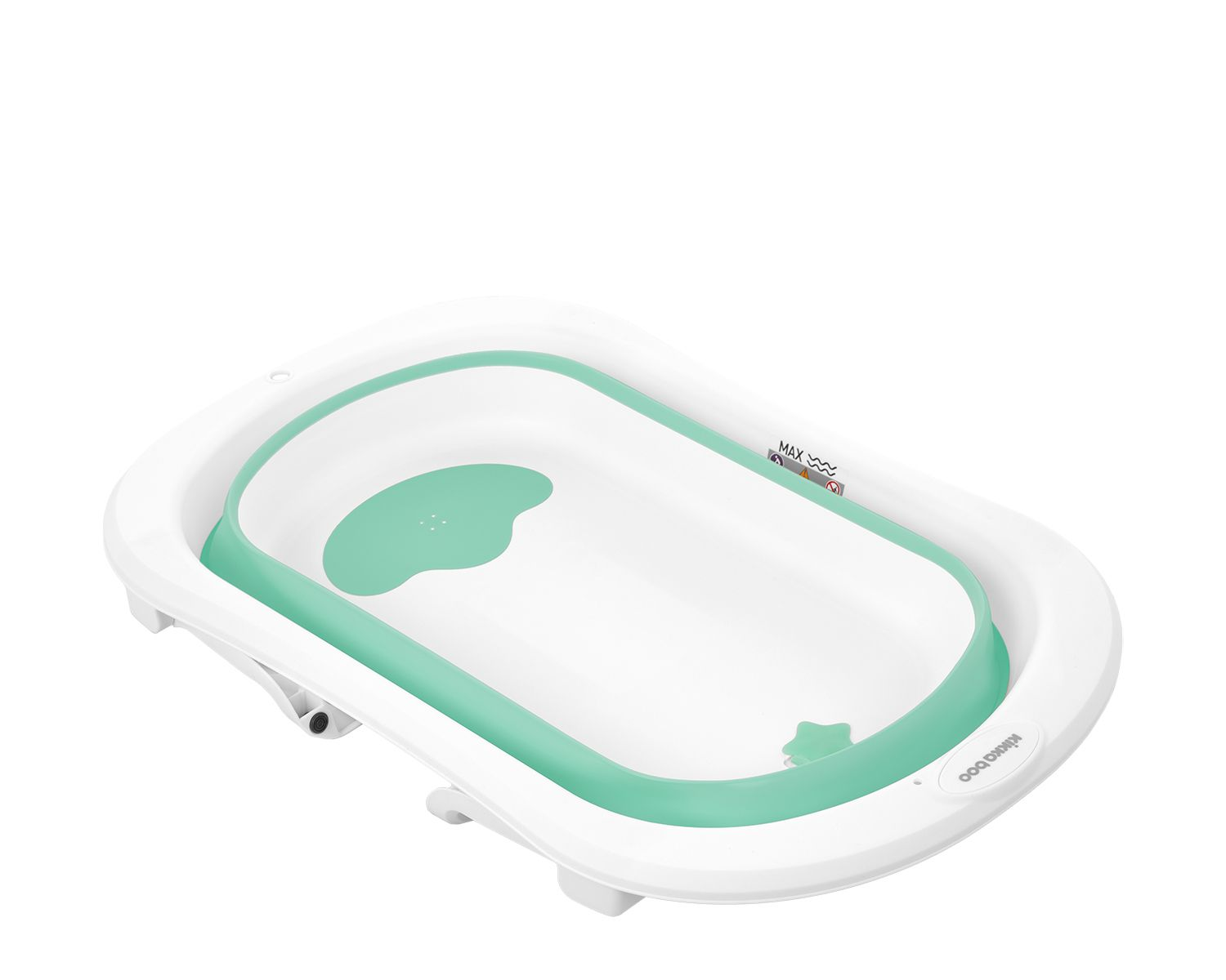 Eine weiß-grüne Babybadewanne, zusammengeklappt und gebrauchsfertig.