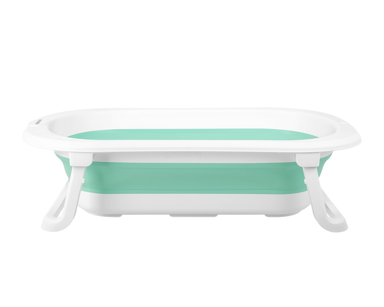 Eine weiß-grüne, faltbare Babybadewanne wird gezeigt.