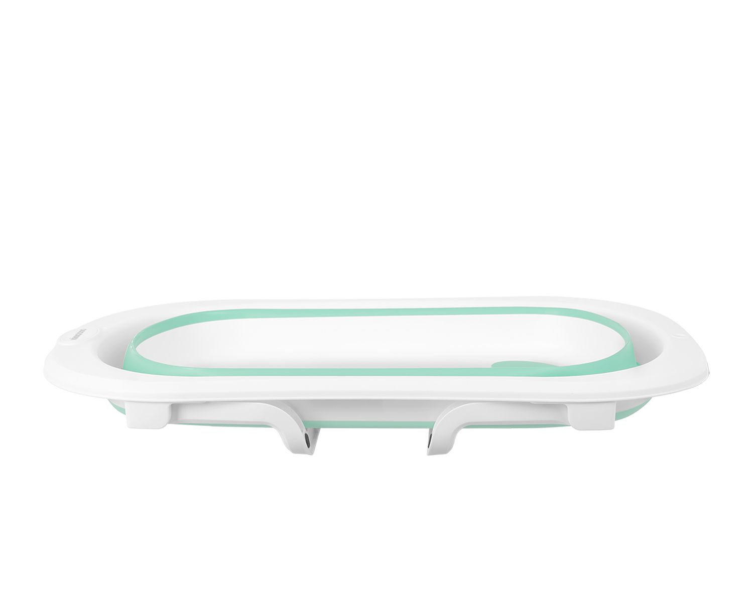 Weiß-mintgrüne Babybadewanne, für ein Baby konzipiert, isoliert auf Weiß.