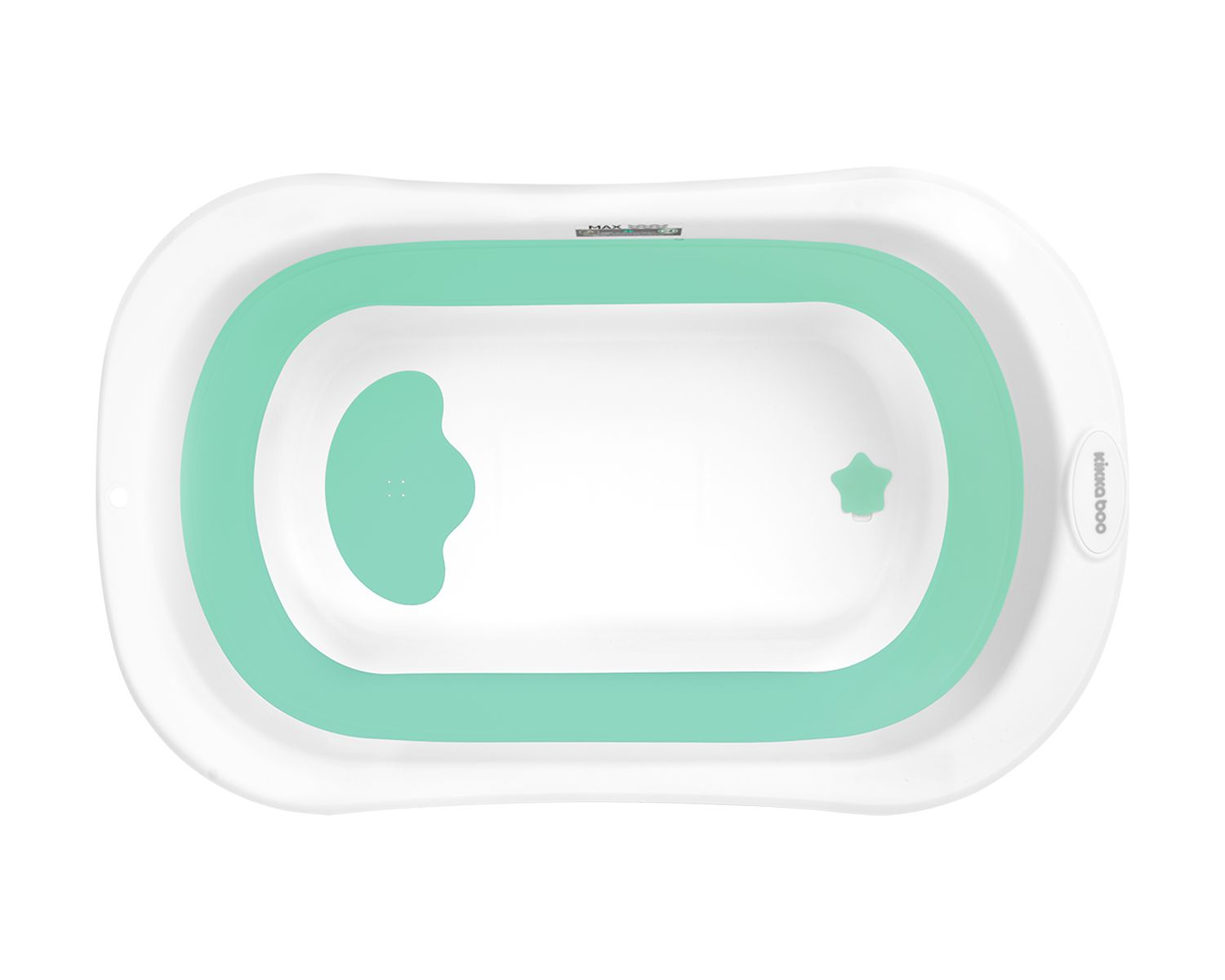Babybadewanne mit weißem Äußeren und türkisblauem Innendesign.