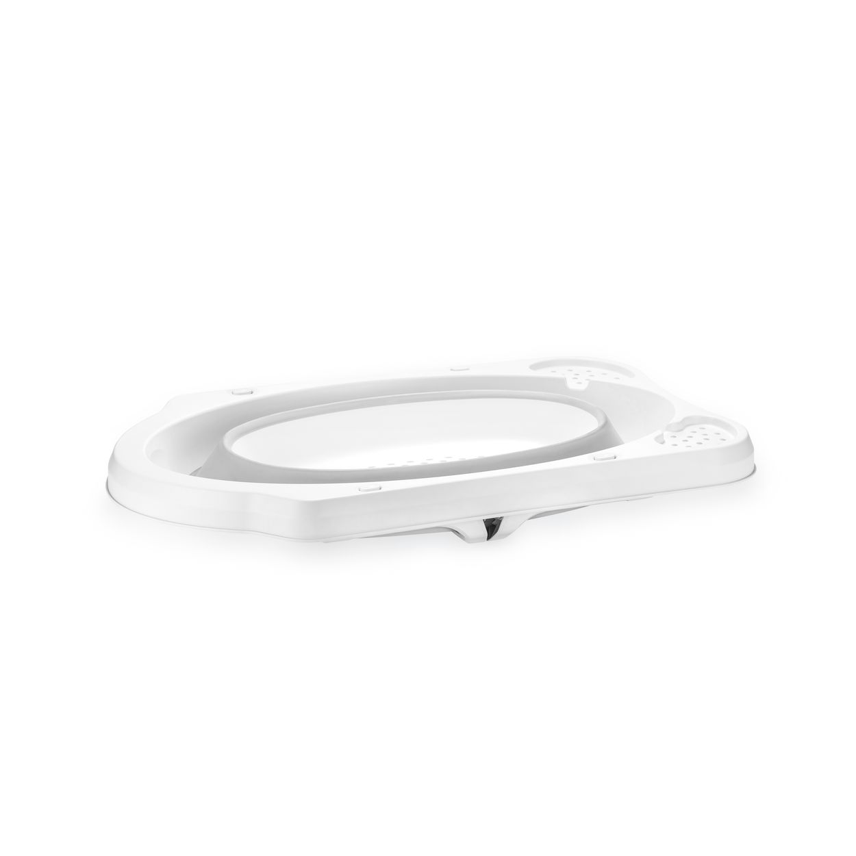 Weiße, zusammenklappbare Babybadewanne. Das Design ist oval und kompakt.