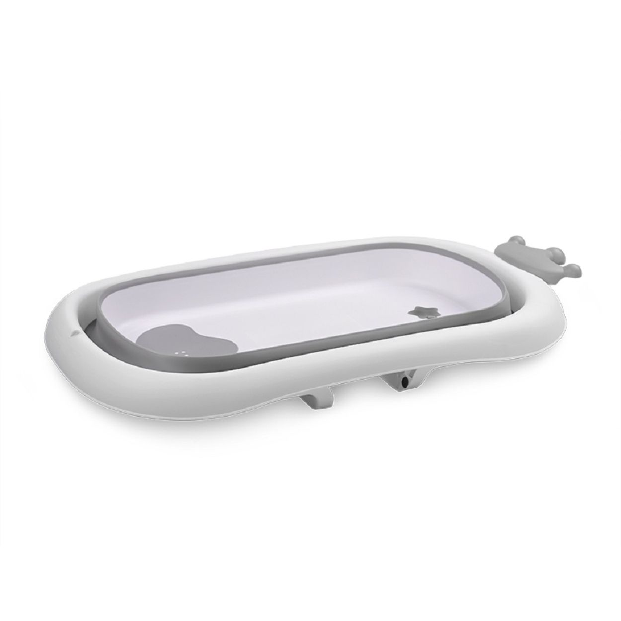 Eine zusammengeklappte graue Babybadewanne. Oval, grauer Innenraum, weißer Außenbereich, vor weißem Hintergrund.