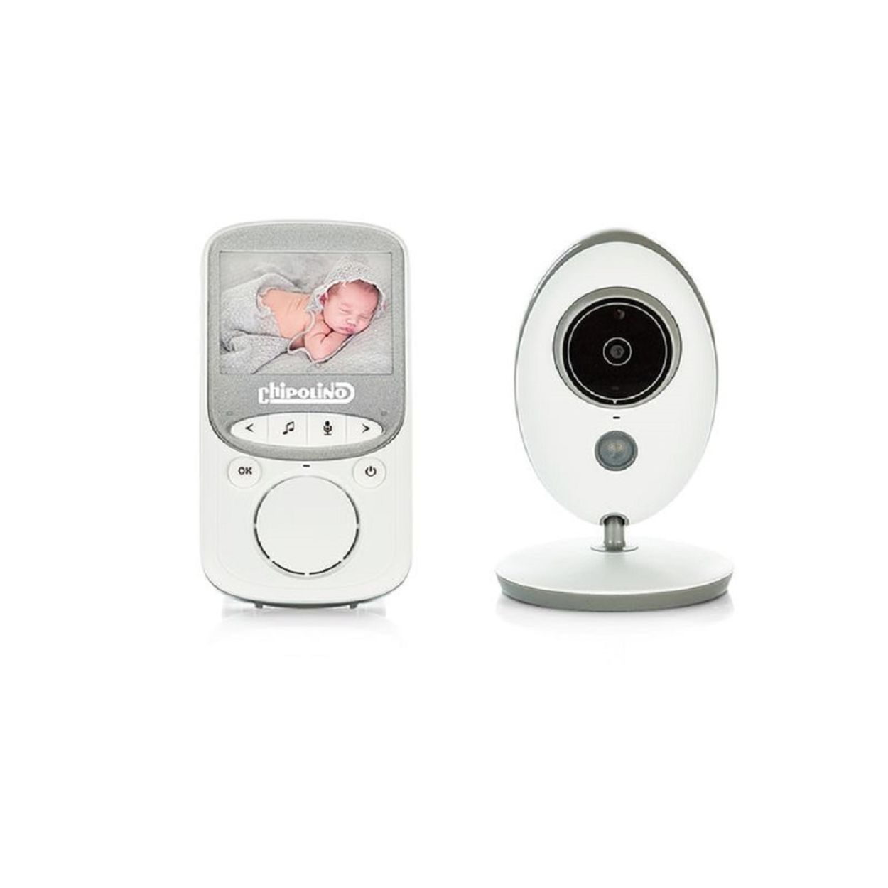 Ein Babyphone-Set. Der Monitor links zeigt ein schlafendes Baby. Kamera rechts, beide weiß.