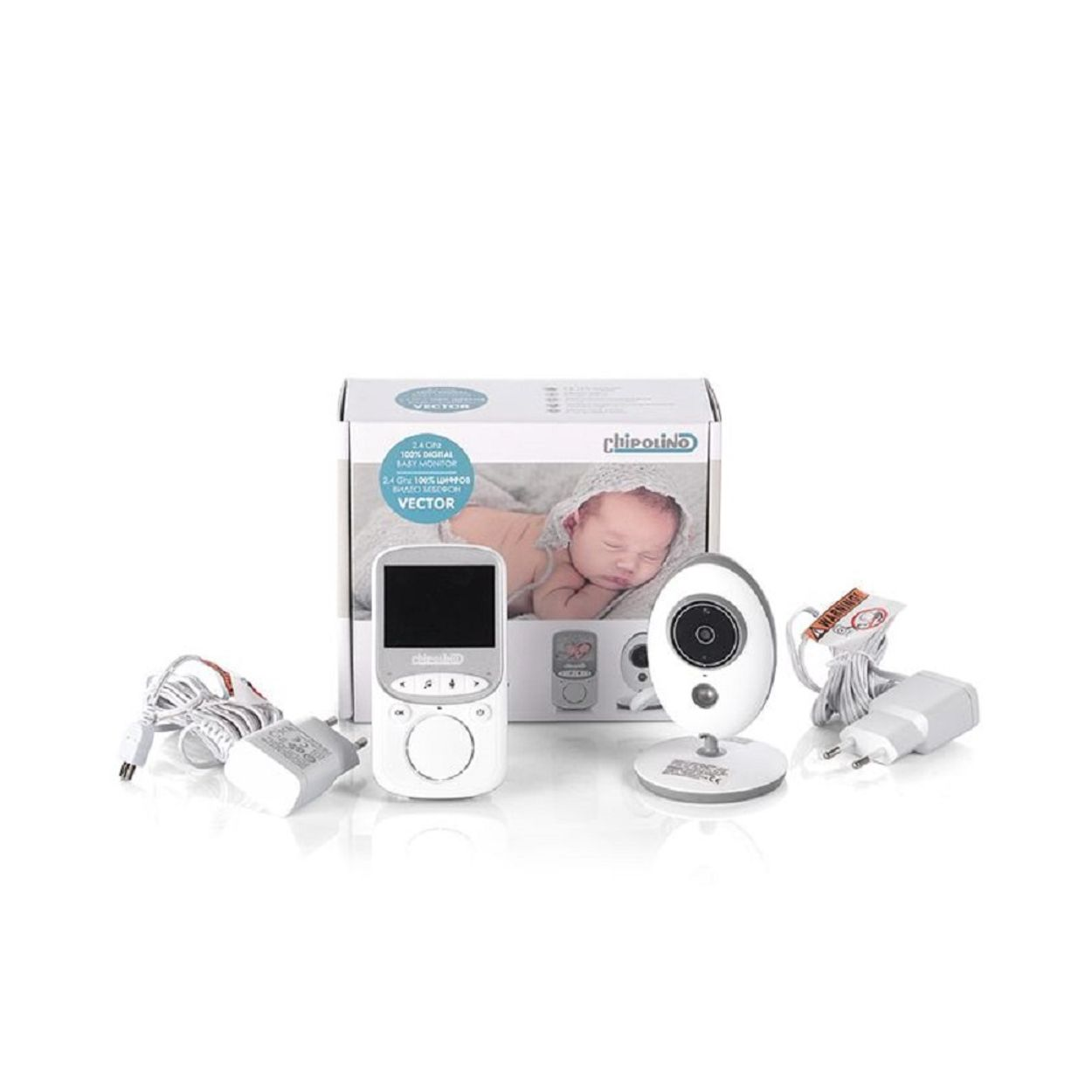 Babyphone-Set mit Bildschirm, Kamera und Zubehör auf weißem Hintergrund.