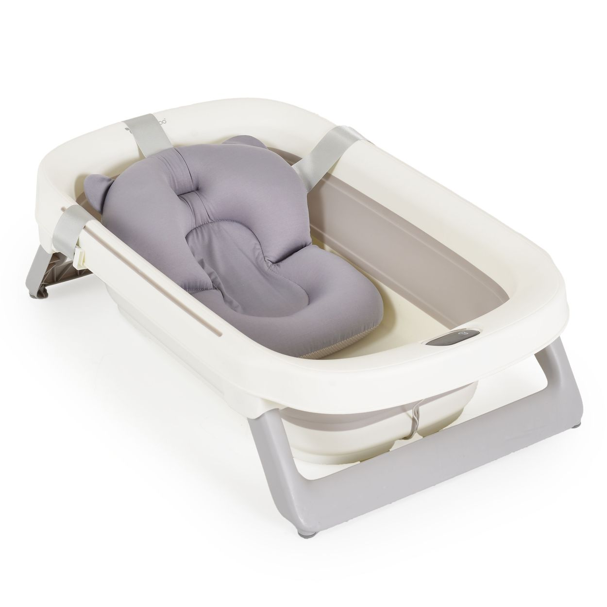 Faltbare Babybadewanne mit grauer Kopfstütze. Weiße und graue Farben. Weißer Hintergrund.