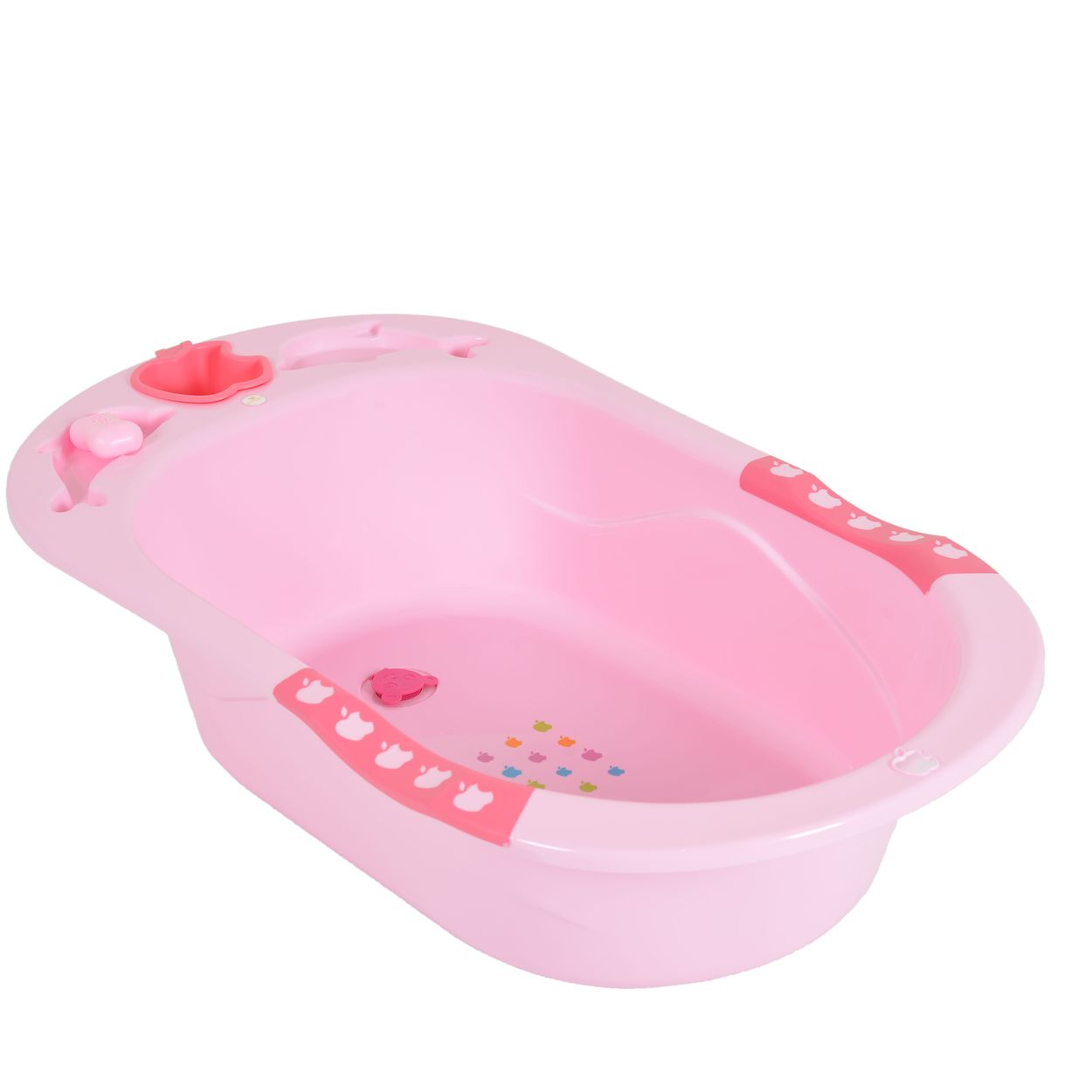 Rosa Babybadewanne mit Spielzeugdetails auf weißem Hintergrund. Die Wanne ist leer.