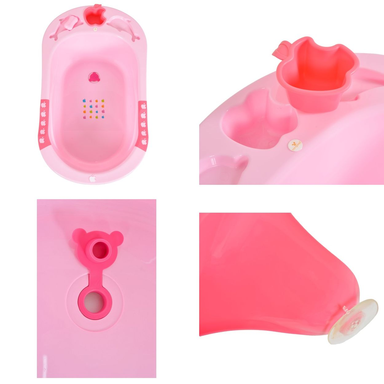 Rosa Babybadewanne mit Details. Sie hat zwei apfelförmige Akzente und einen Ausguss.