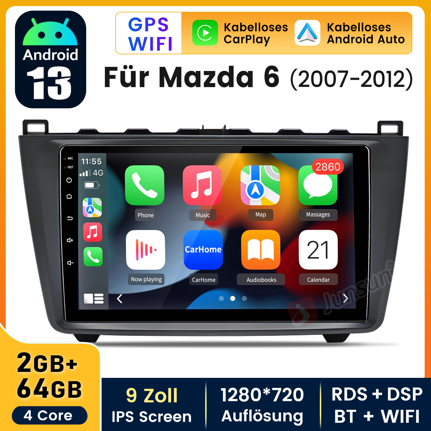 Ein Autoradio mit einem Bildschirm, auf dem App-Symbole angezeigt werden. Es ist für einen Mazda 6 (2007-2012) gekennzeichnet.