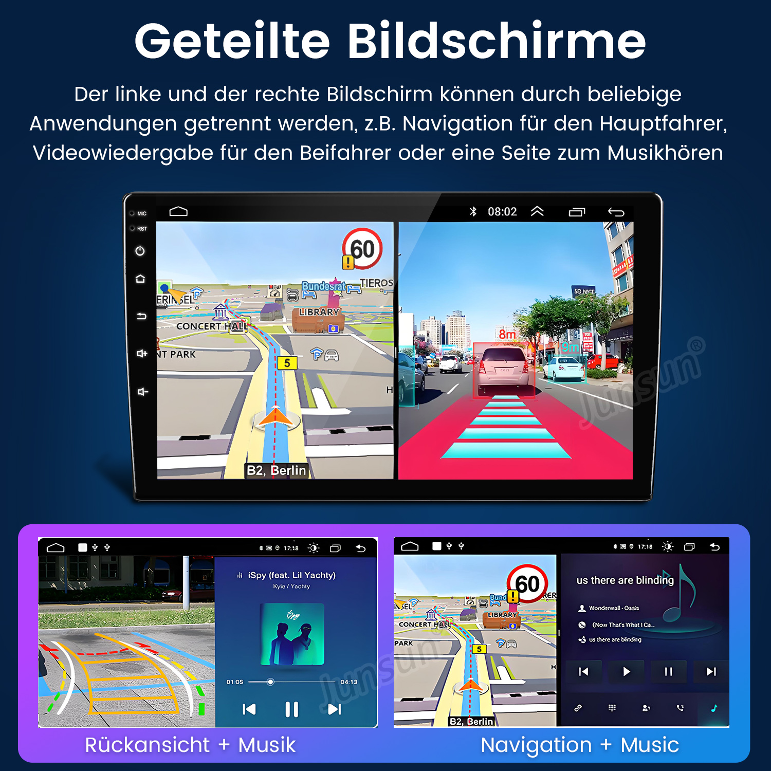 Auto-Headunit mit Navigations- und Musikfunktionen, mit geteilter Bildschirmanzeige.