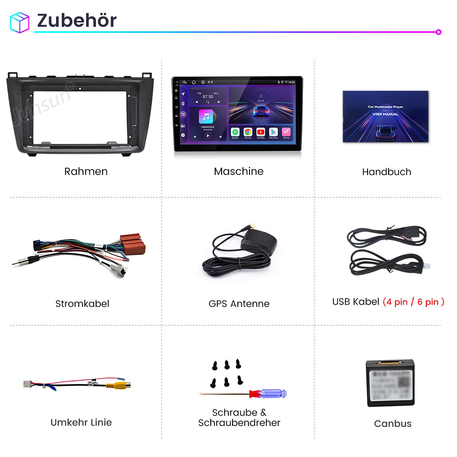 Neun Autozubehörteile, darunter ein Rahmen, Bildschirm, Kabel und Schrauben. Text auf Deutsch.