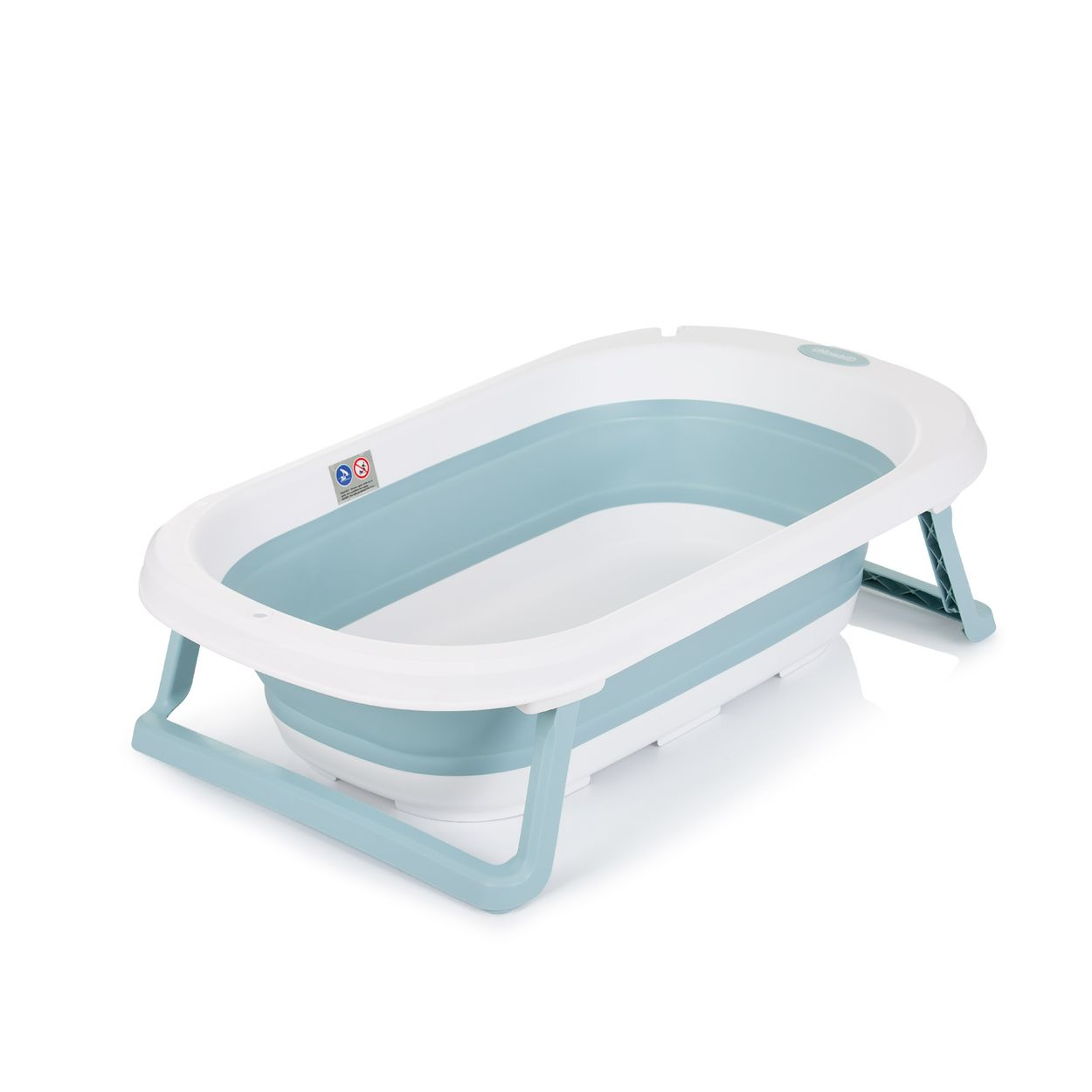 Zusammenklappbare Babybadewanne in Blau und Weiß. Geöffnet, Innenansicht.