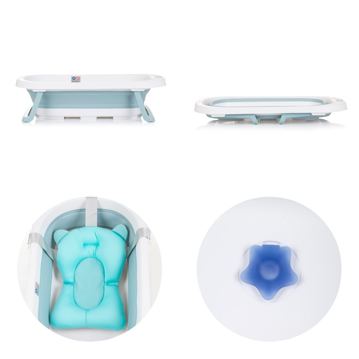 Zusammenklappbare Babybadewanne in verschiedenen Ansichten, mit Badestütze.