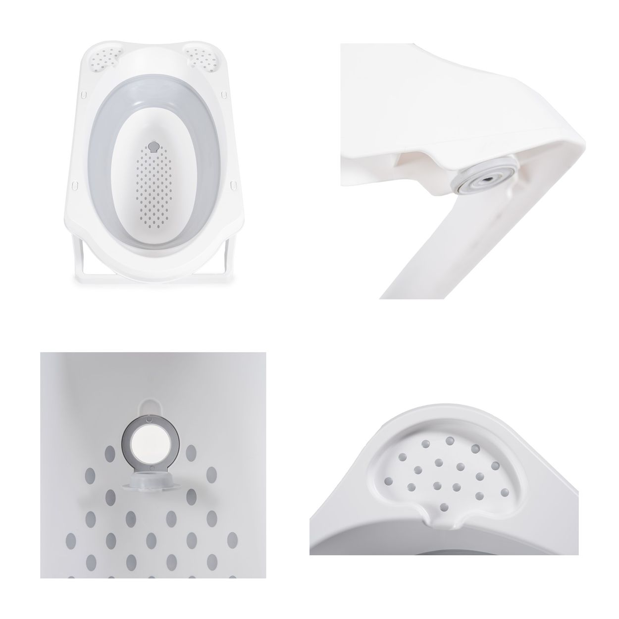 Vier Ansichten einer weißen Babybadewanne. Nahaufnahmen des Abflusses und der Seite der Wanne werden gezeigt.