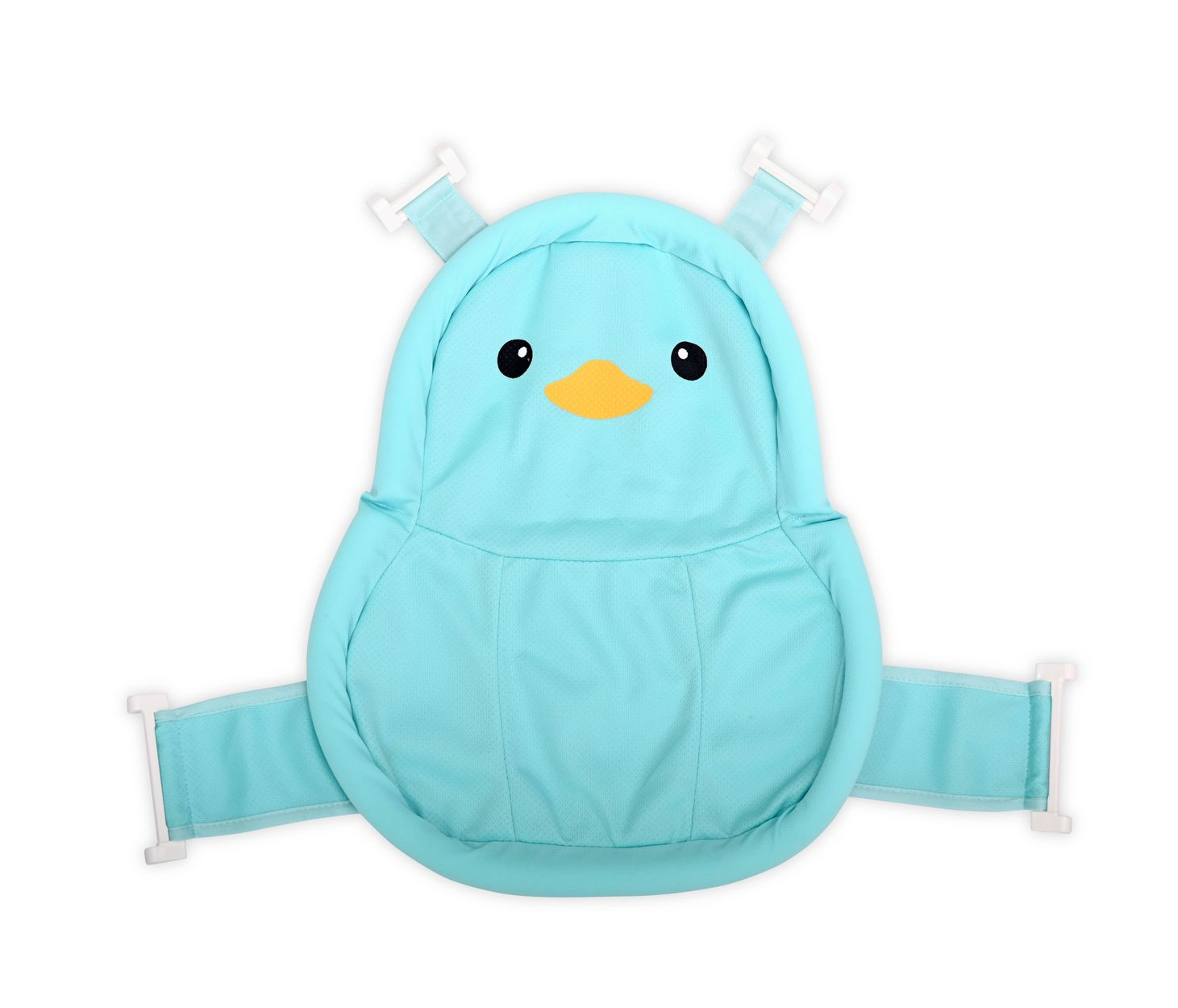 Blauer vogelartiger Baby-Badestütz mit weißen Gurten und gelbem Schnabel.