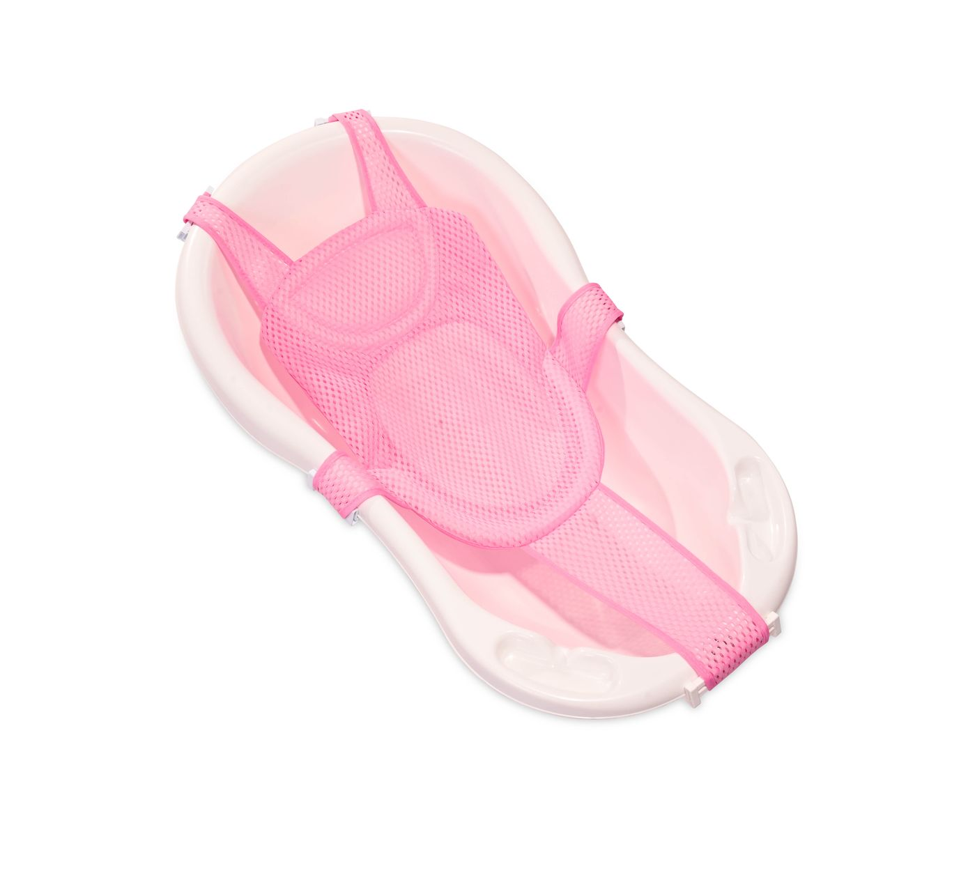Rosa Babybadewanne mit rosa Netzunterstützung. Die Wanne und die Unterstützung sind auf weißem Hintergrund.