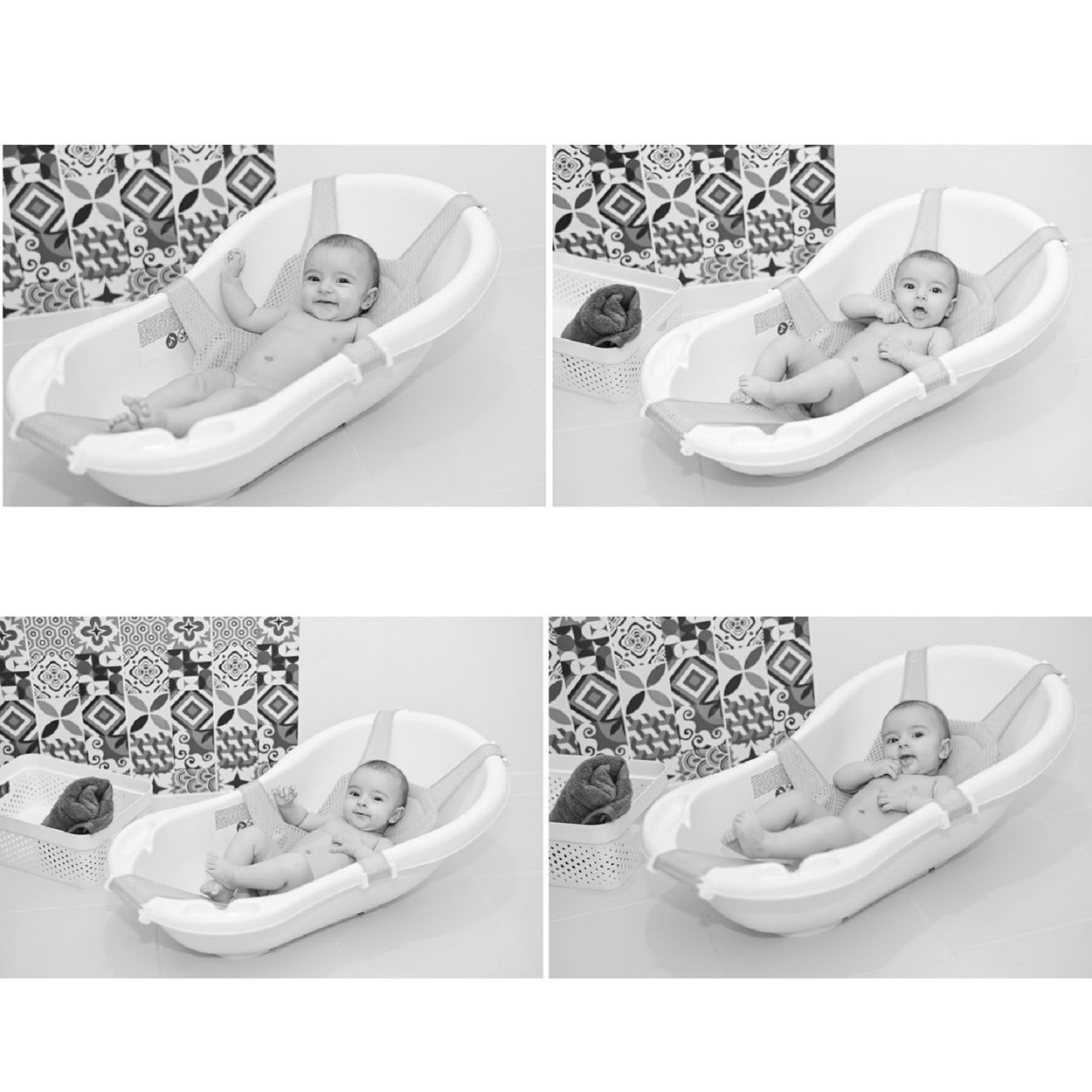 Vier Fotos von Babys in einer weißen Babybadewanne, in einer Badezimmerumgebung.