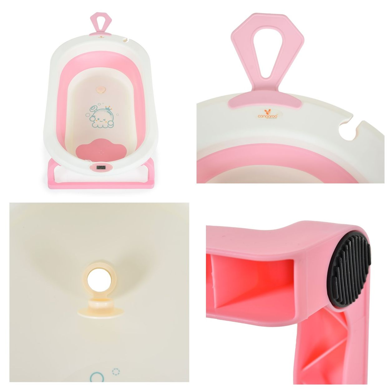 Eine rosa und weiße Babybadewanne mit Griff und Cartoon-Design innen.