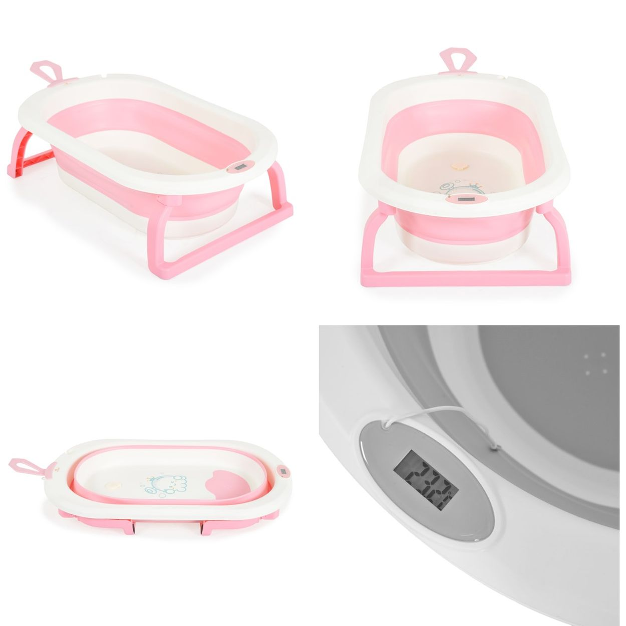 Mehrere Ansichten einer rosa-weißen, faltbaren Babybadewanne mit Thermometer.