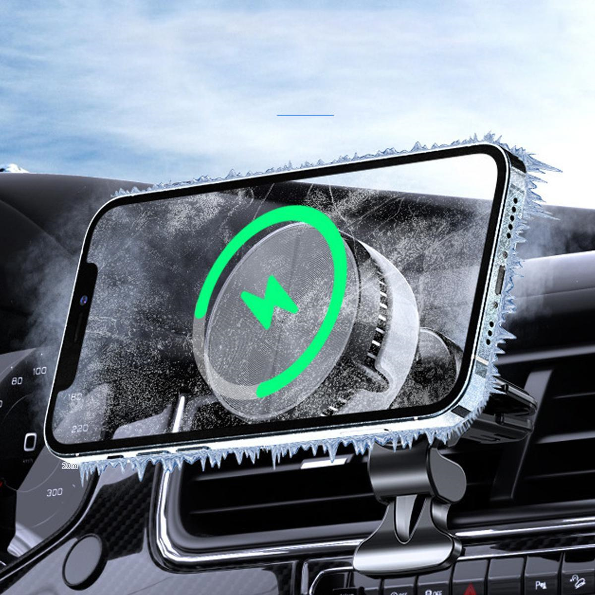 Telefon mit Ladesymbol in Autohalterung mit eisartigem Design und wolkigem Hintergrund.